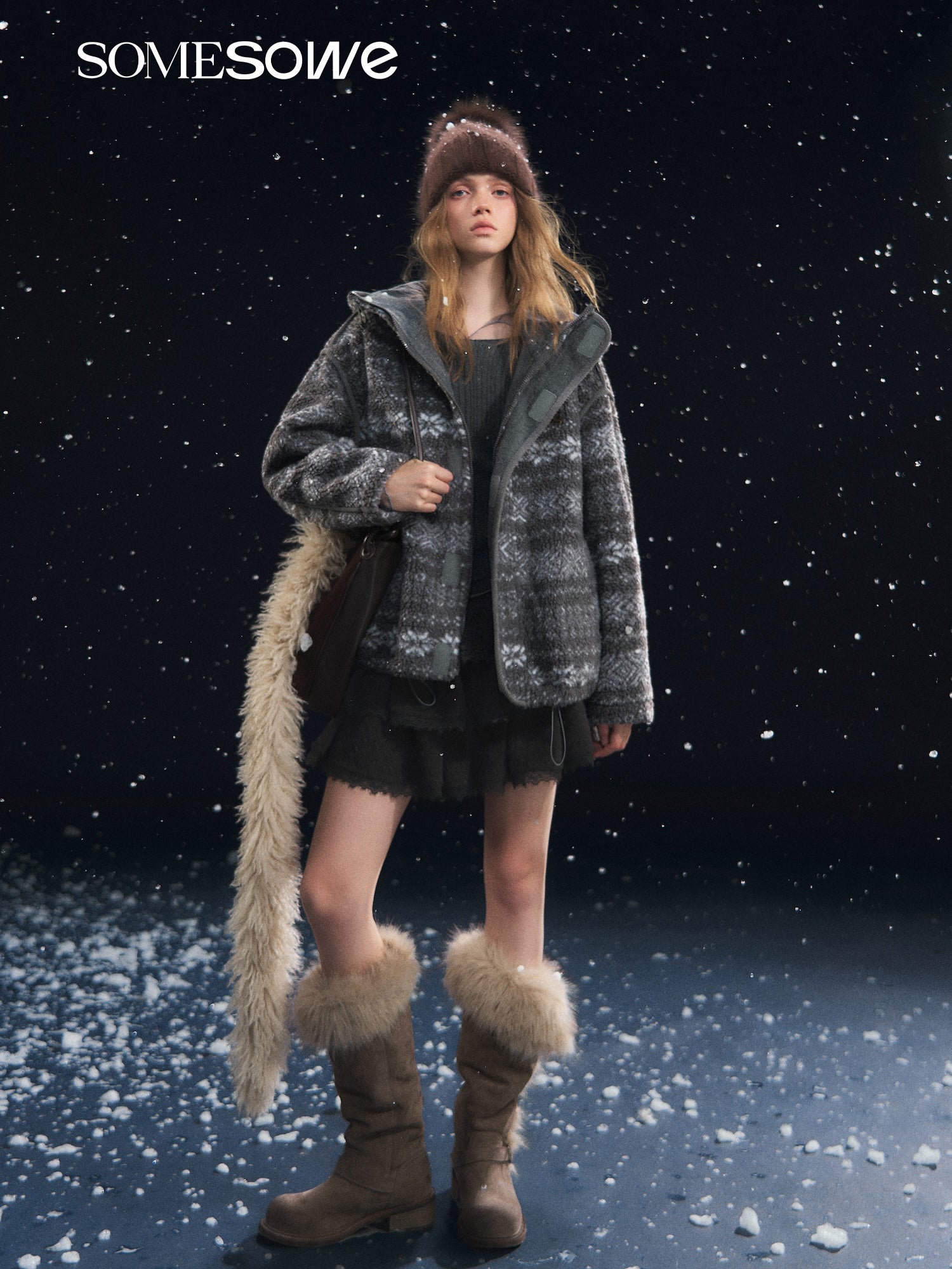 SOMESOWE Jacquard Fleece Hooded Casual Jacket In Gray | MADAX