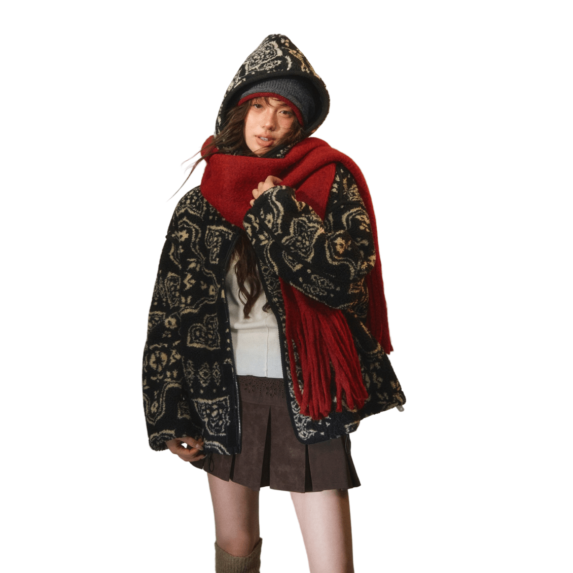 SOMESOWE Jacquard Polar Fleece Hooded Casual Jacket In Black | MADAX