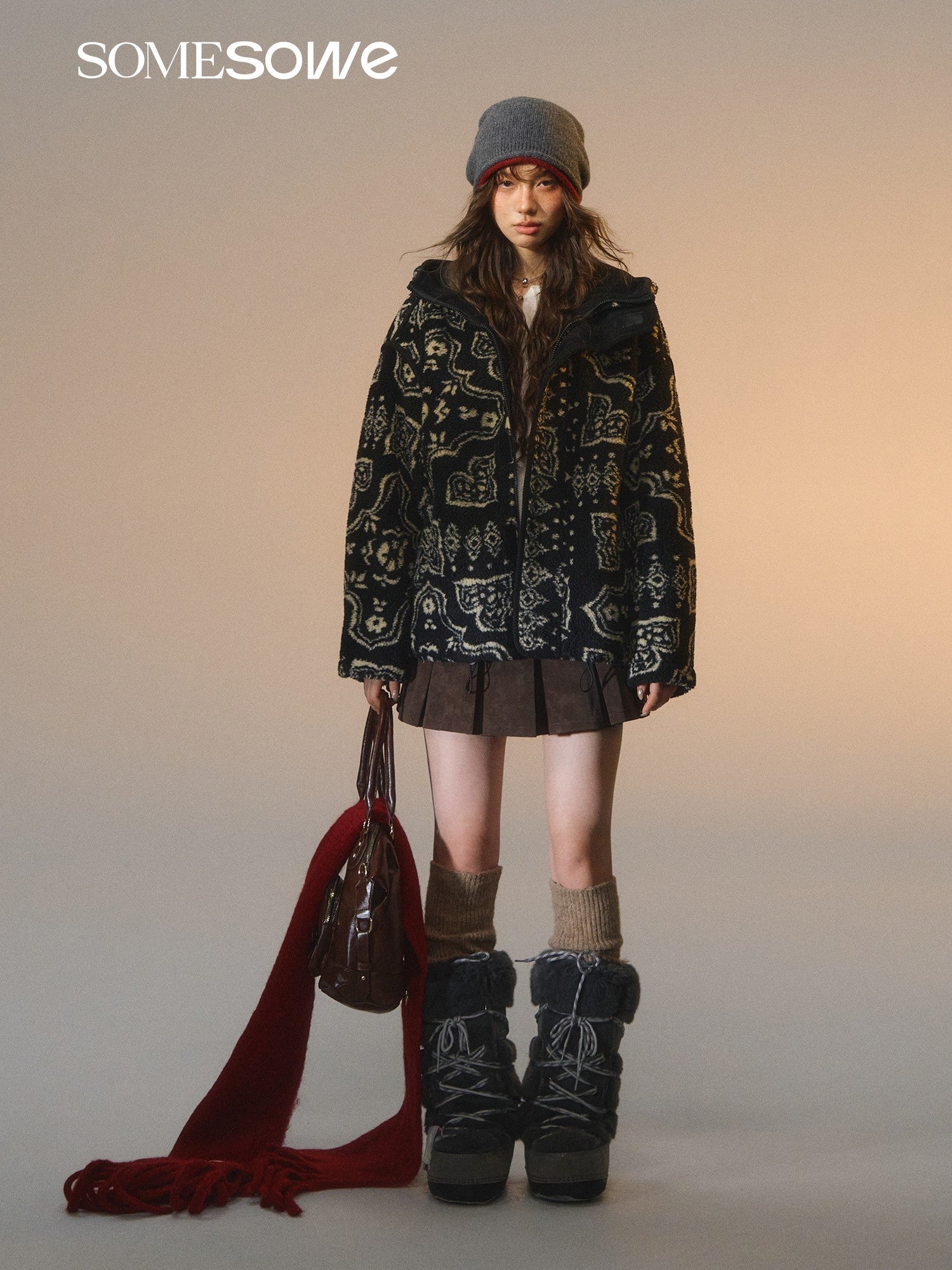 SOMESOWE Jacquard Polar Fleece Hooded Casual Jacket In Black | MADAX