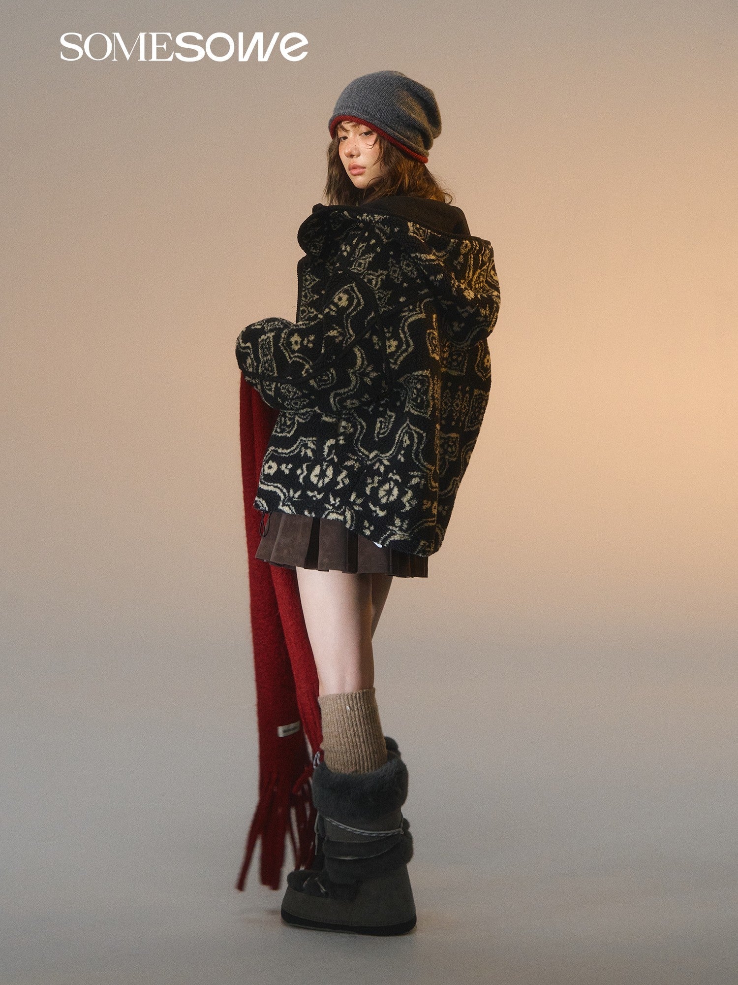 SOMESOWE Jacquard Polar Fleece Hooded Casual Jacket In Black | MADAX