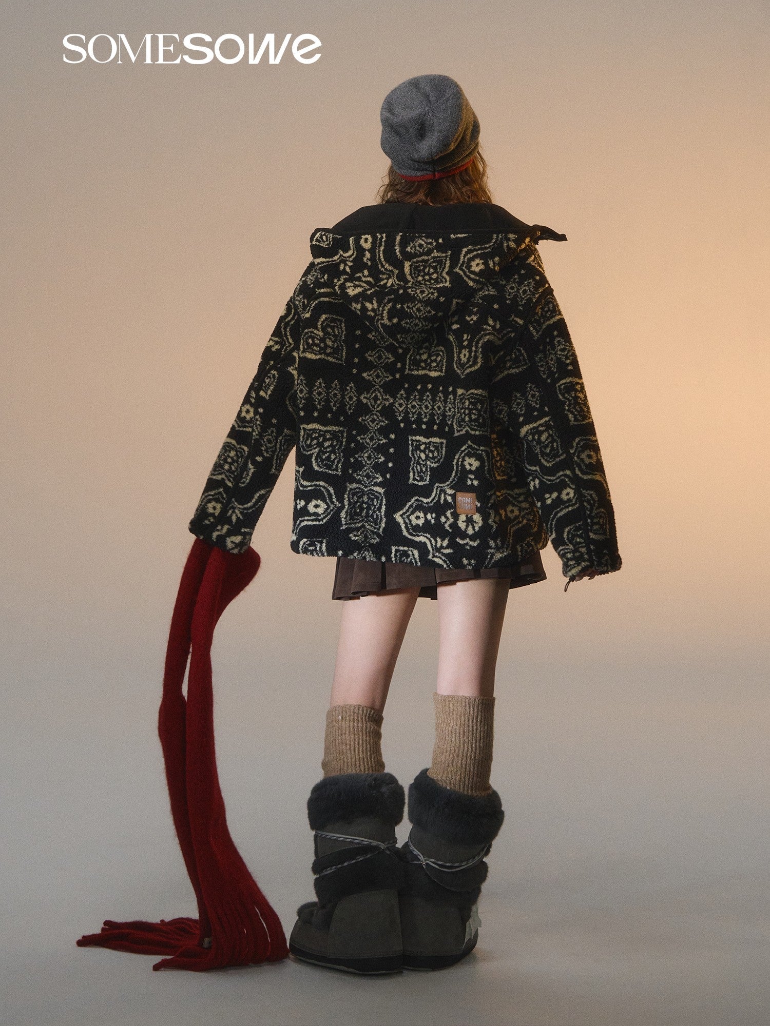 SOMESOWE Jacquard Polar Fleece Hooded Casual Jacket In Black | MADAX