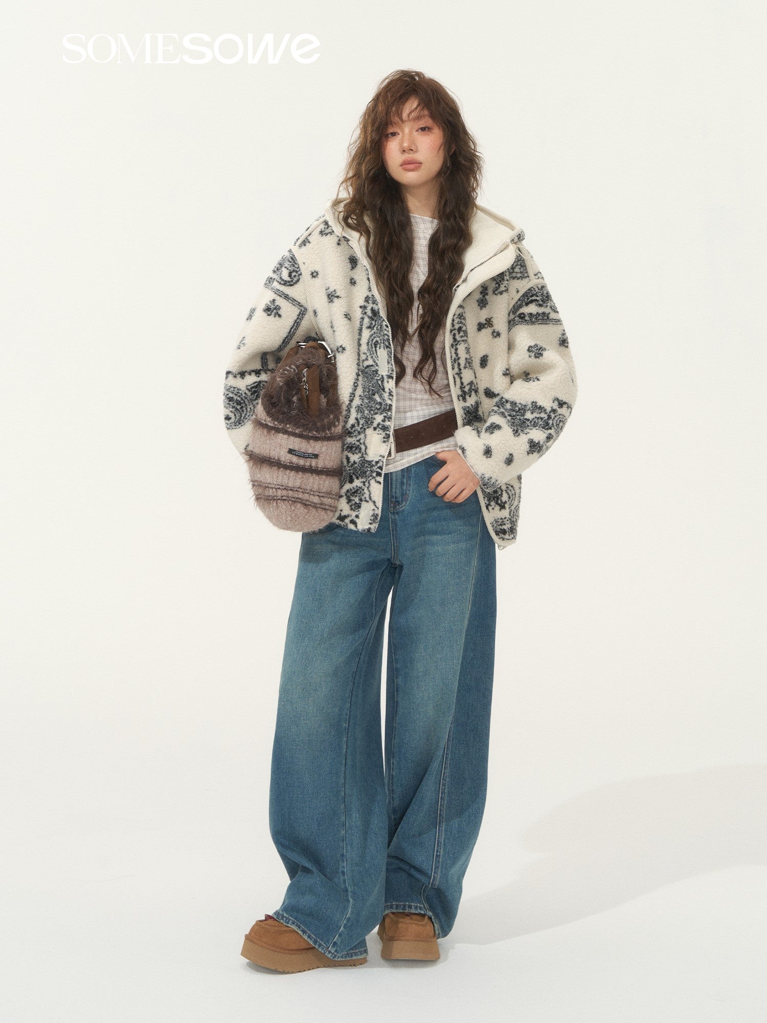 SOMESOWE Jacquard Polar Fleece Hooded Casual Jacket In White | MADAX