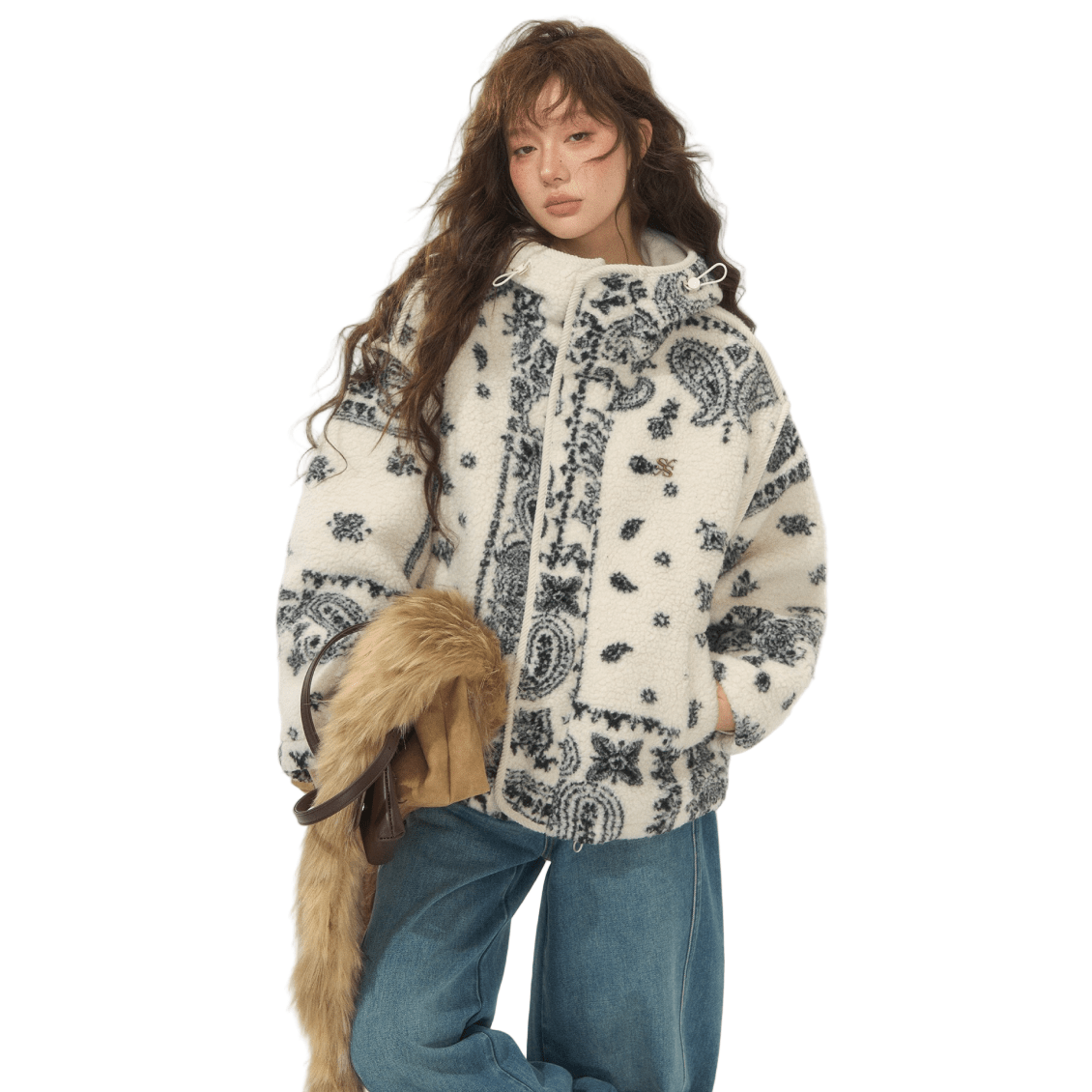 SOMESOWE Jacquard Polar Fleece Hooded Casual Jacket In White | MADAX