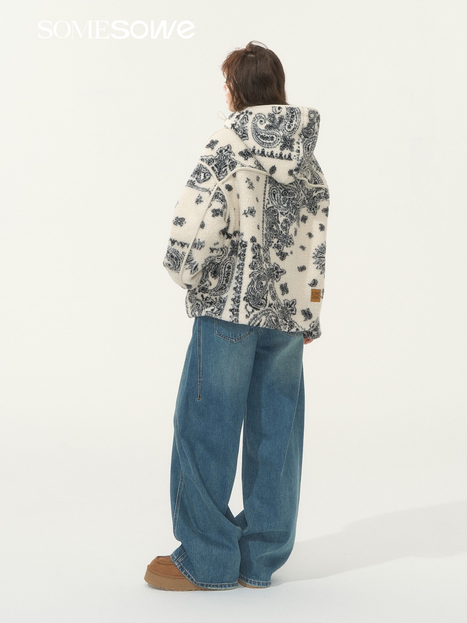 SOMESOWE Jacquard Polar Fleece Hooded Casual Jacket In White | MADAX