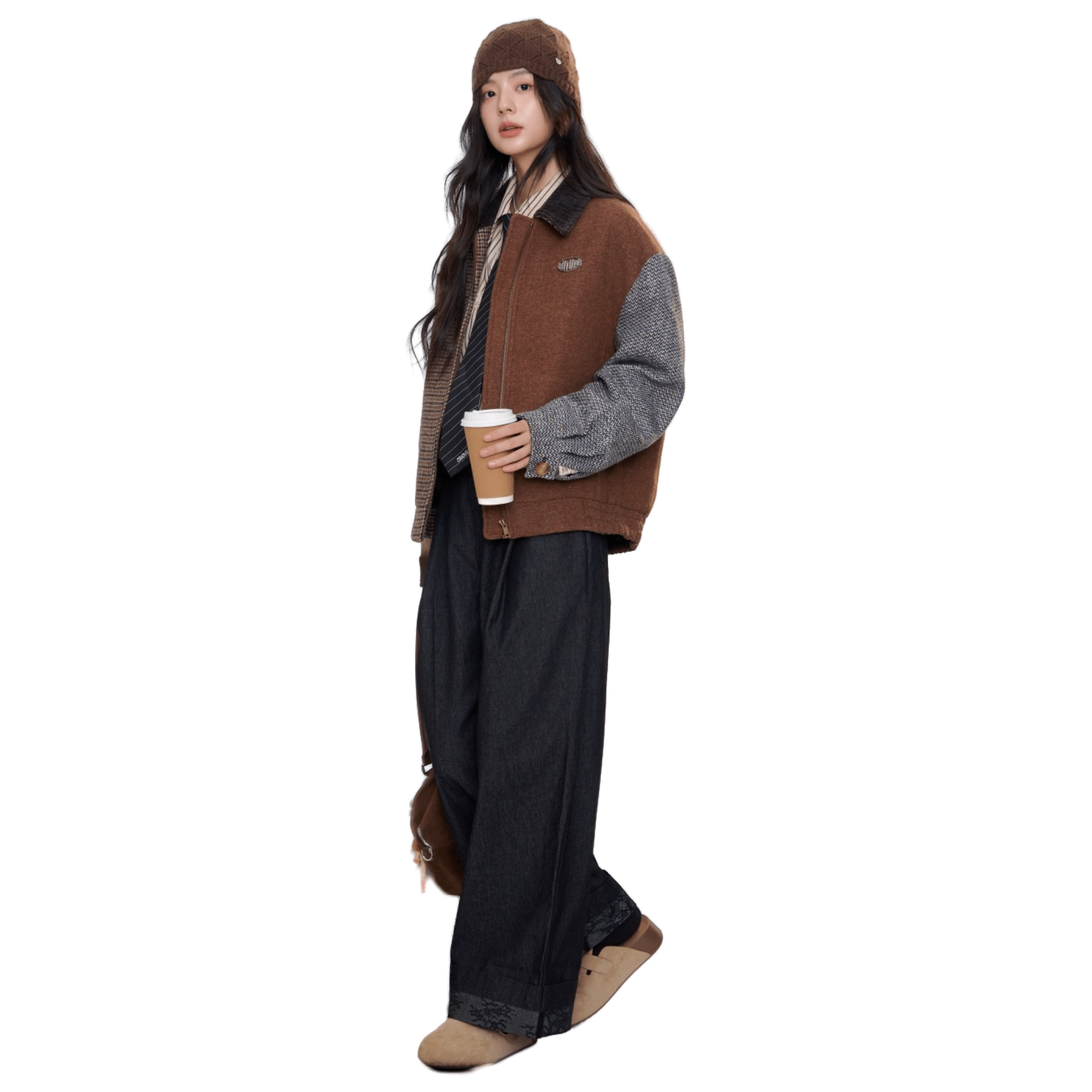 AIMME SPARROW Kendall Jenner‌ Series Return to Simple Fashion Retro Patchwork Jacket in Brown | MADAX