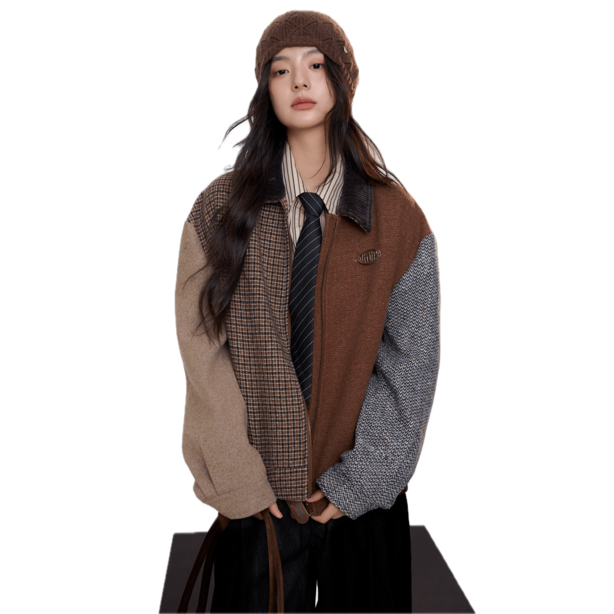 AIMME SPARROW Kendall Jenner‌ Series Return to Simple Fashion Retro Patchwork Jacket in Brown | MADAX