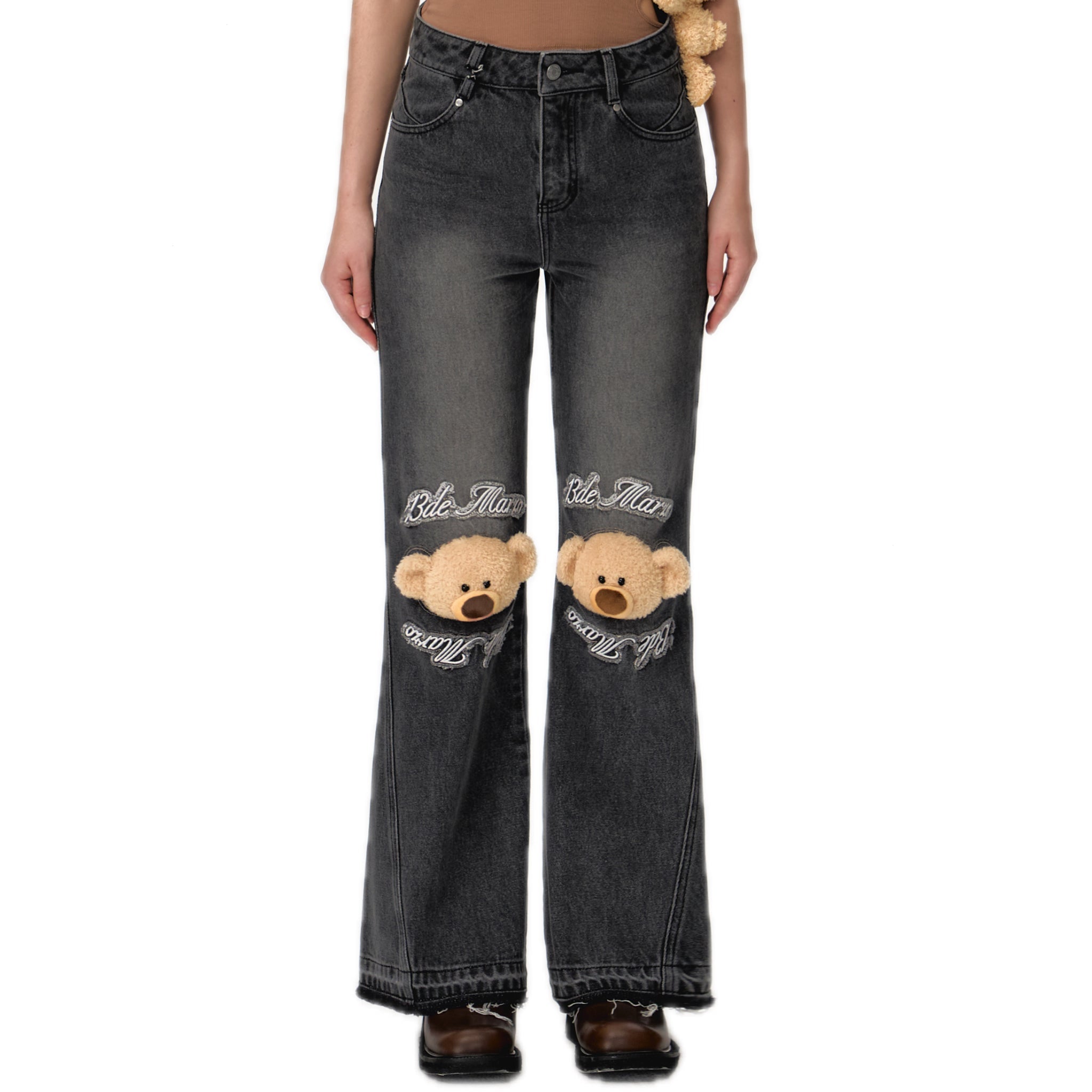 13DE MARZO Knees Bear Jeans In Black | MADAX