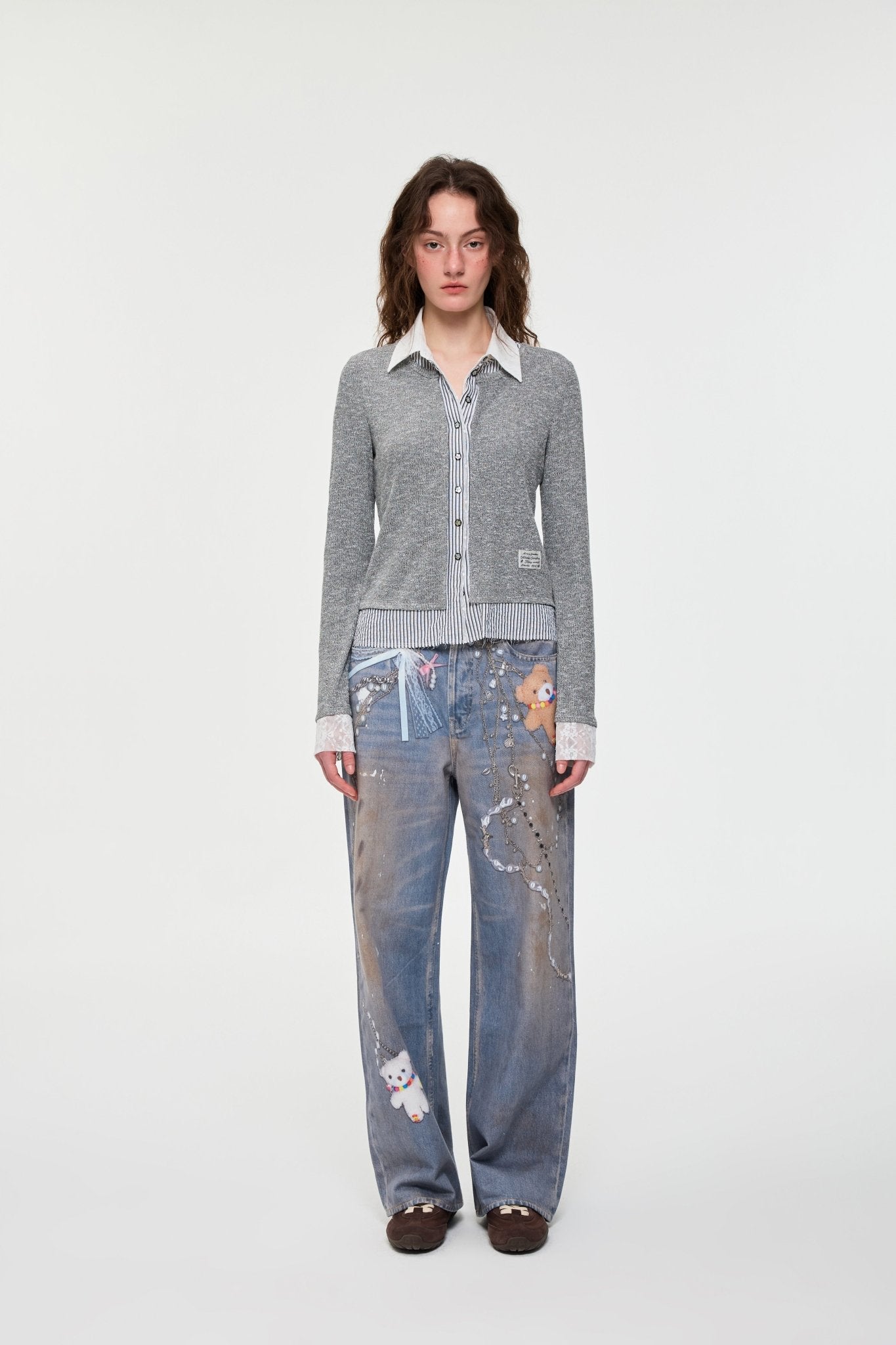Alexia Sandra Knitted Cardigan Three - Piece Striped Shirt In Grey | MADAX
