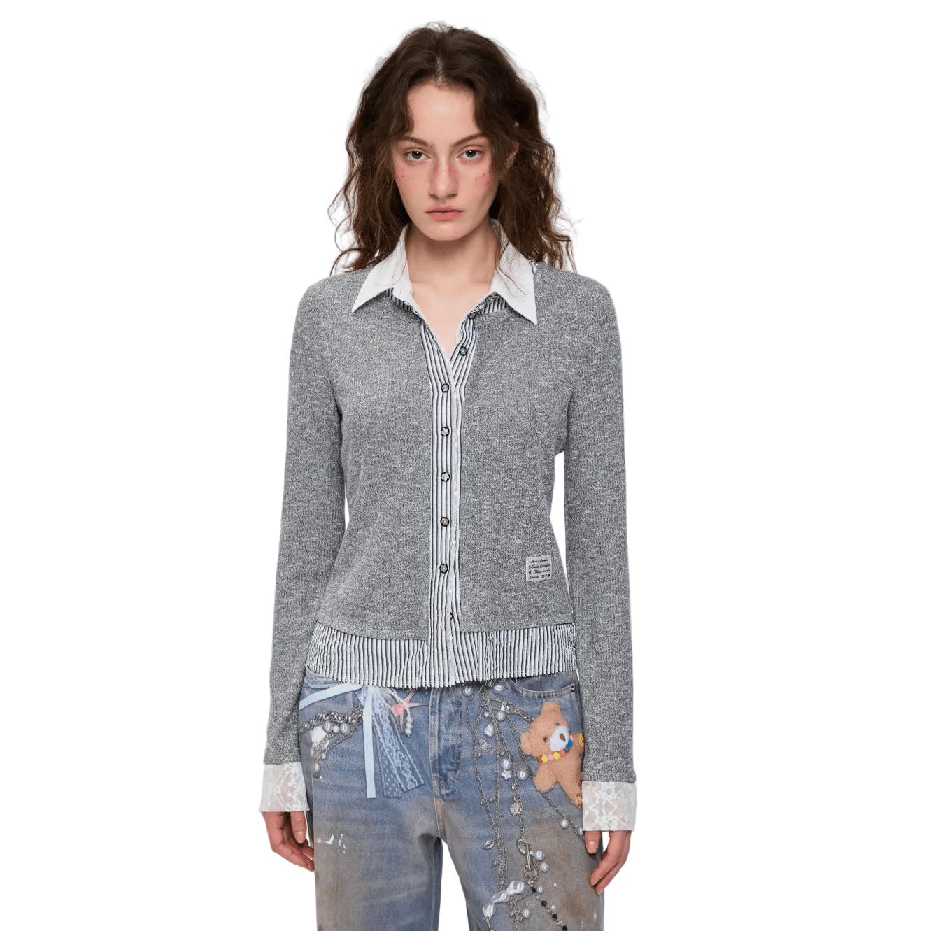Alexia Sandra Knitted Cardigan Three - Piece Striped Shirt In Grey | MADAX