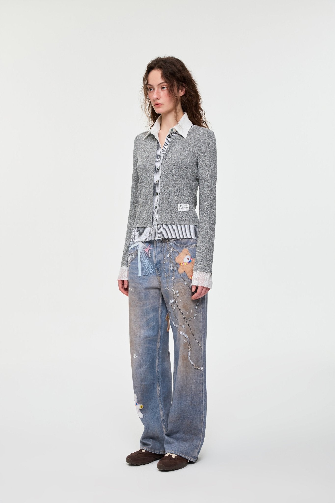 Alexia Sandra Knitted Cardigan Three - Piece Striped Shirt In Grey | MADAX