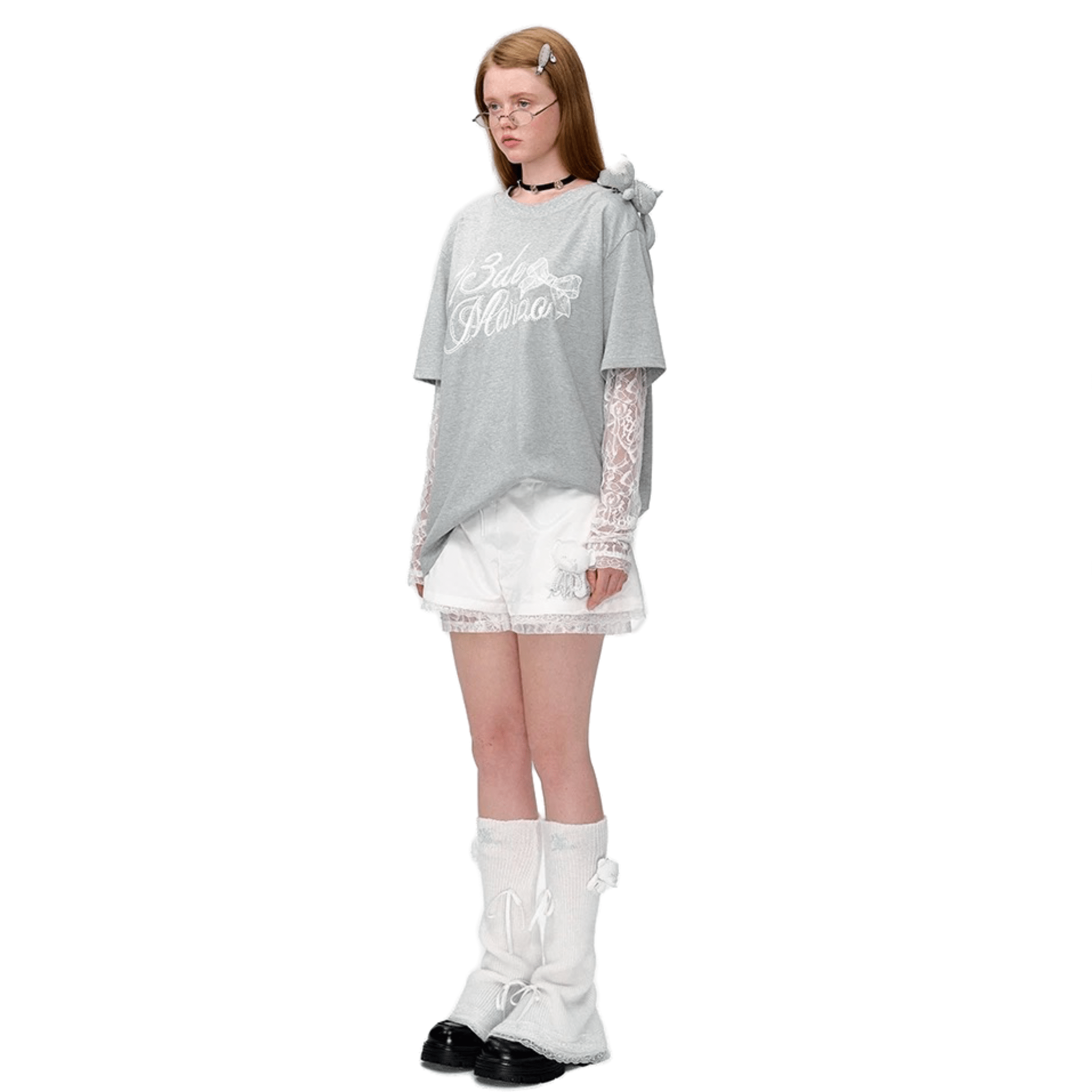 13DE MARZO Lace Bear Fake Two - Piece Short Sleeves in Gray | MADAX