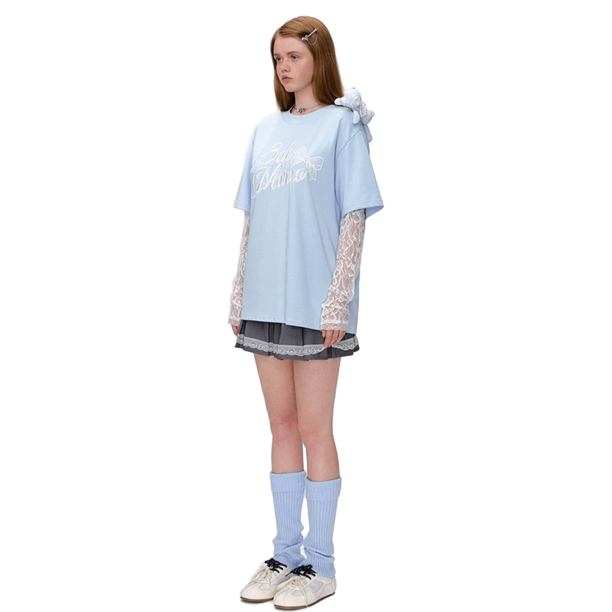 13DE MARZO Lace Bear Fake Two - Piece Short Sleeves in Light Blue | MADAX