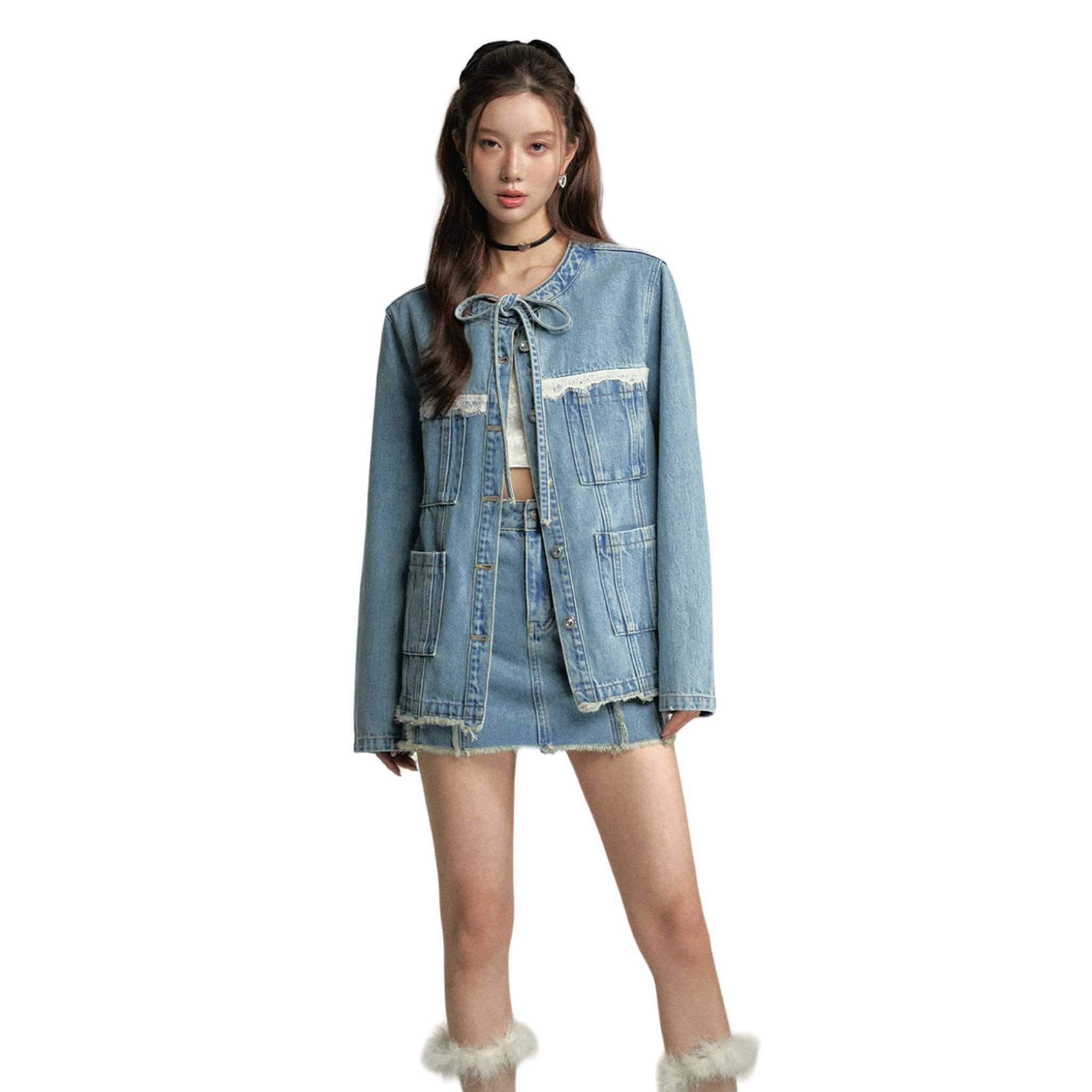 SOMESOWE Lace Denim Jacket In Blue | MADA IN CHINA