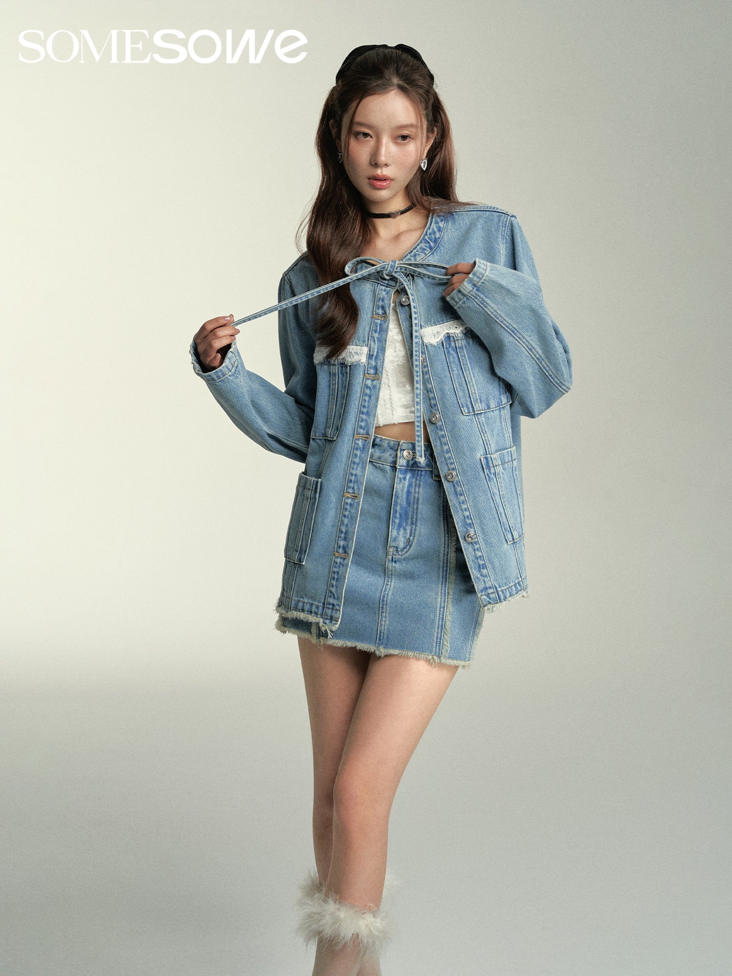 SOMESOWE Lace Denim Short skirt In Blue | MADA IN CHINA