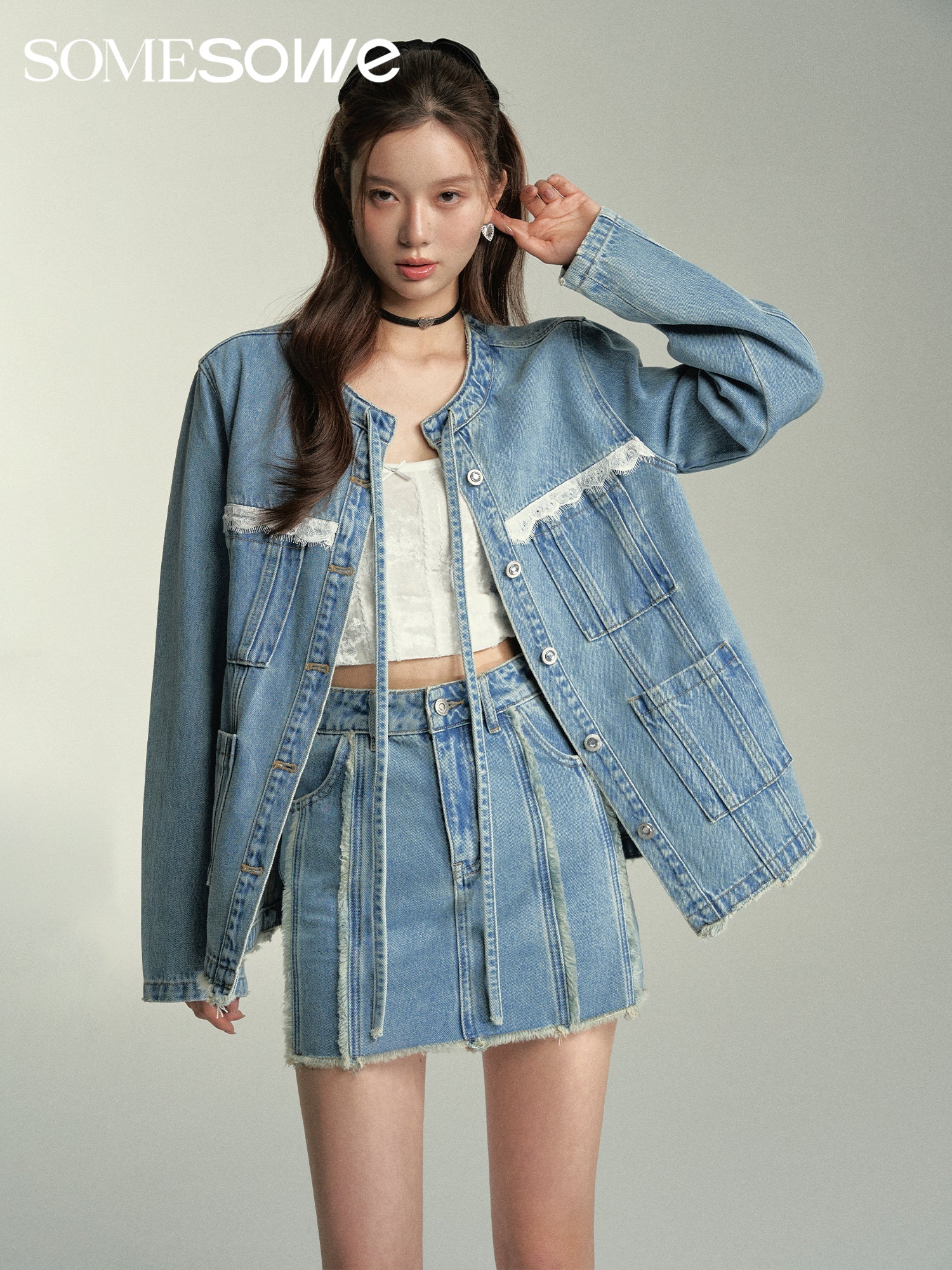 SOMESOWE Lace Denim Short skirt In Blue | MADA IN CHINA