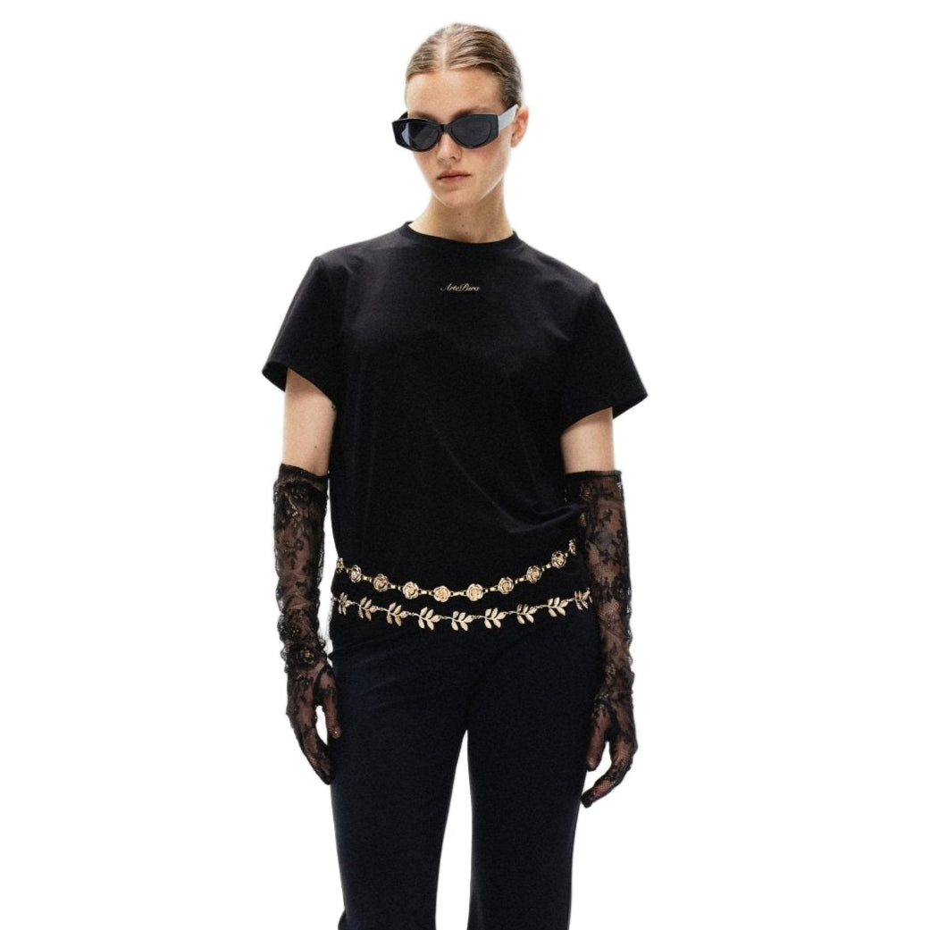 ARTE PURA Lace Hollow Collar T-shirt In Black | MADAX