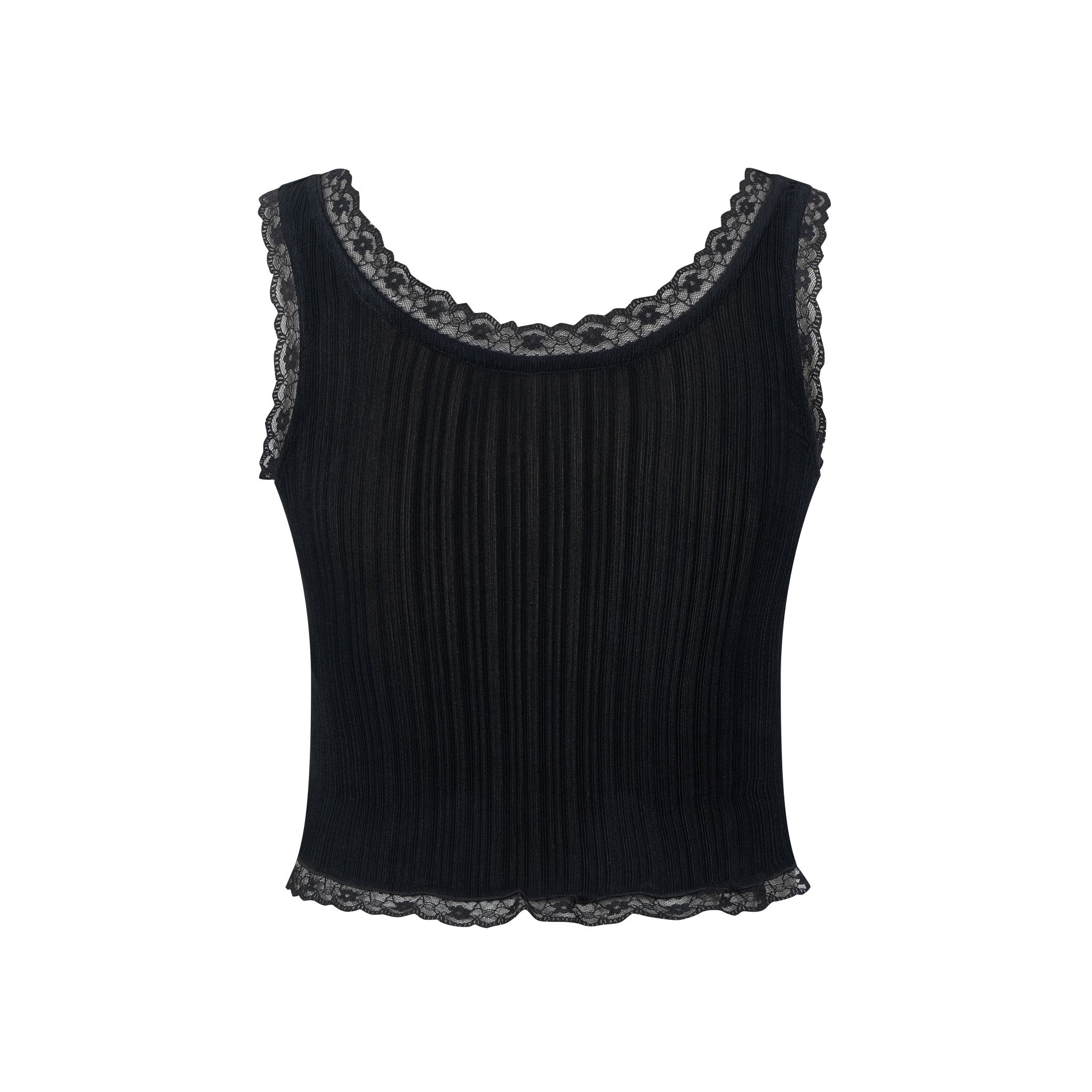 THREE QUARTERS Lace Knit Tank Top with Diamond Pendant in Black | MADA IN CHINA