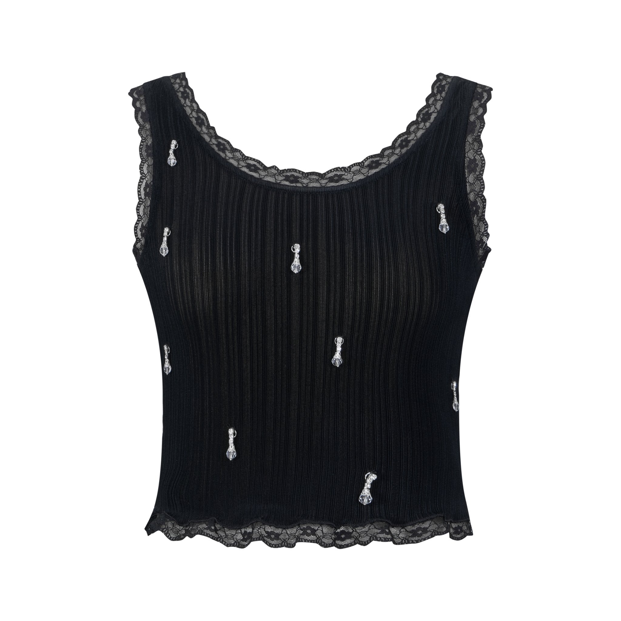 THREE QUARTERS Lace Knit Tank Top with Diamond Pendant in Black | MADA IN CHINA