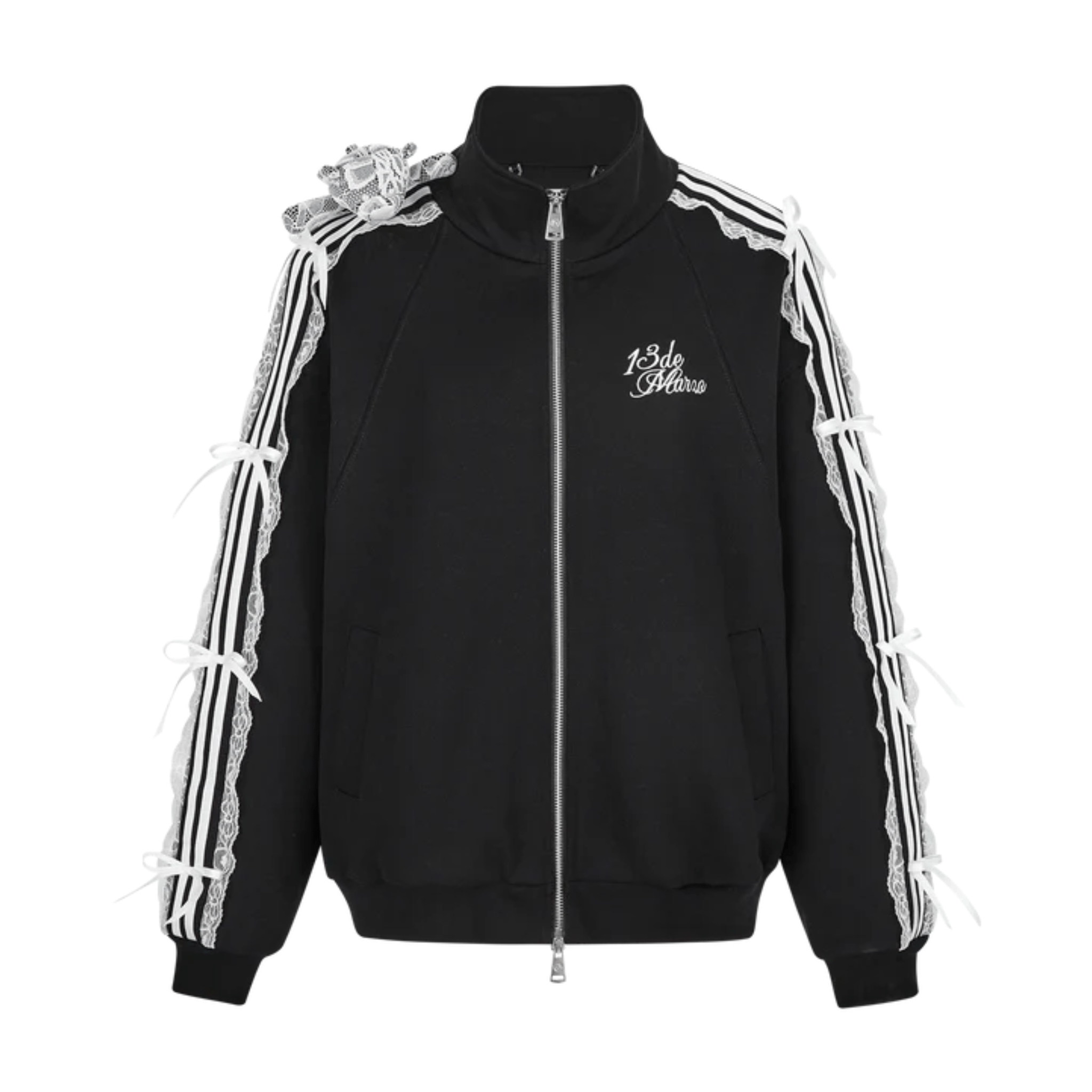 13DE MARZO Lace Patches Zip - Up Sweatshirt in Black | MADAX