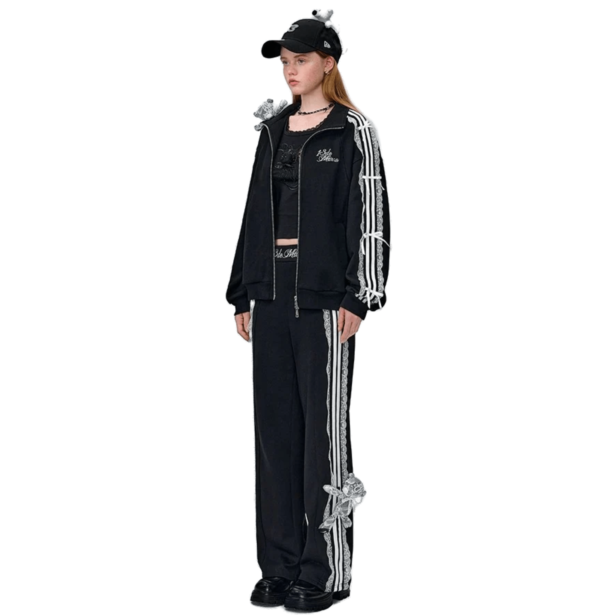 13DE MARZO Lace Patches Zip - Up Sweatshirt in Black | MADAX