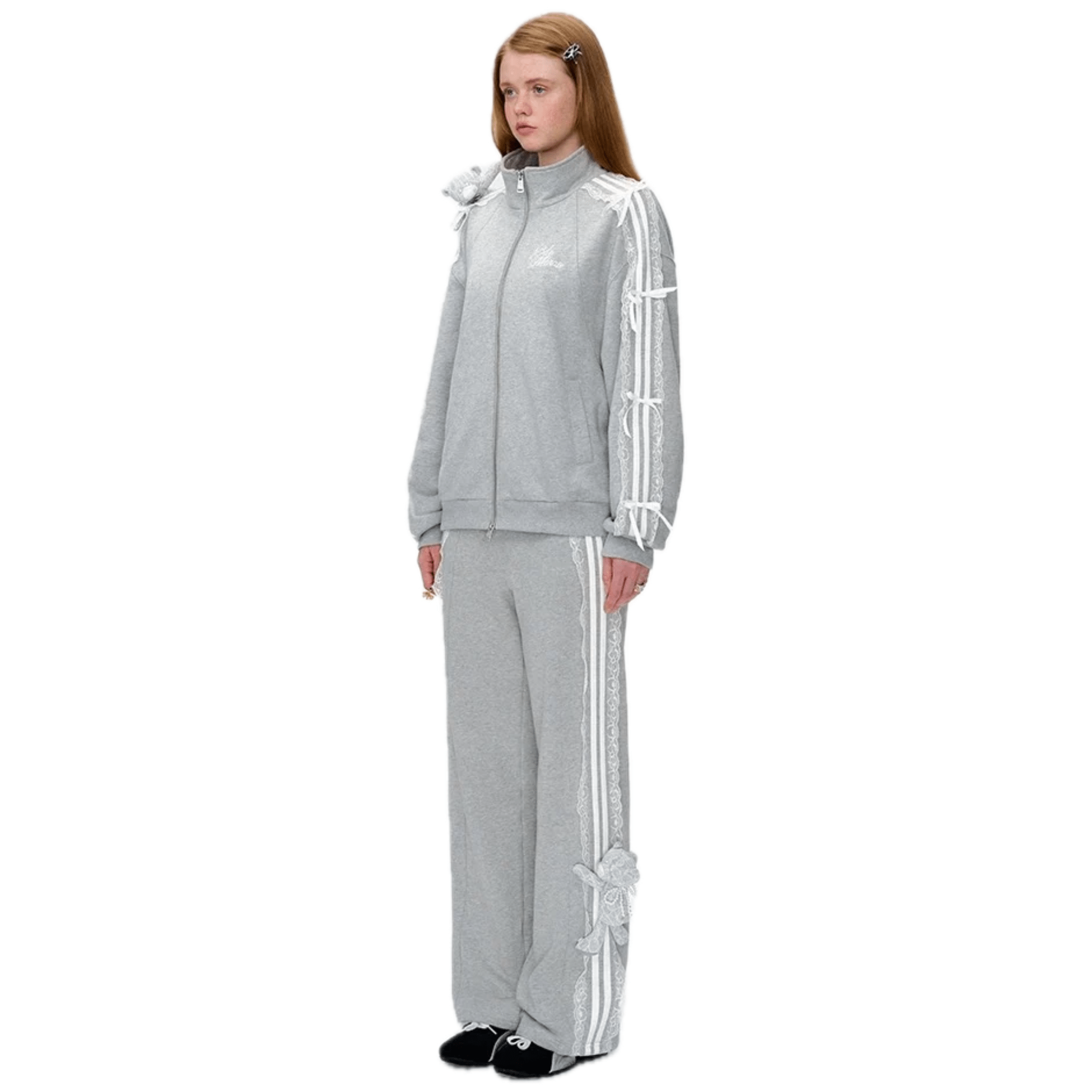 13DE MARZO Lace Patches Zip - Up Sweatshirt in Gray | MADAX