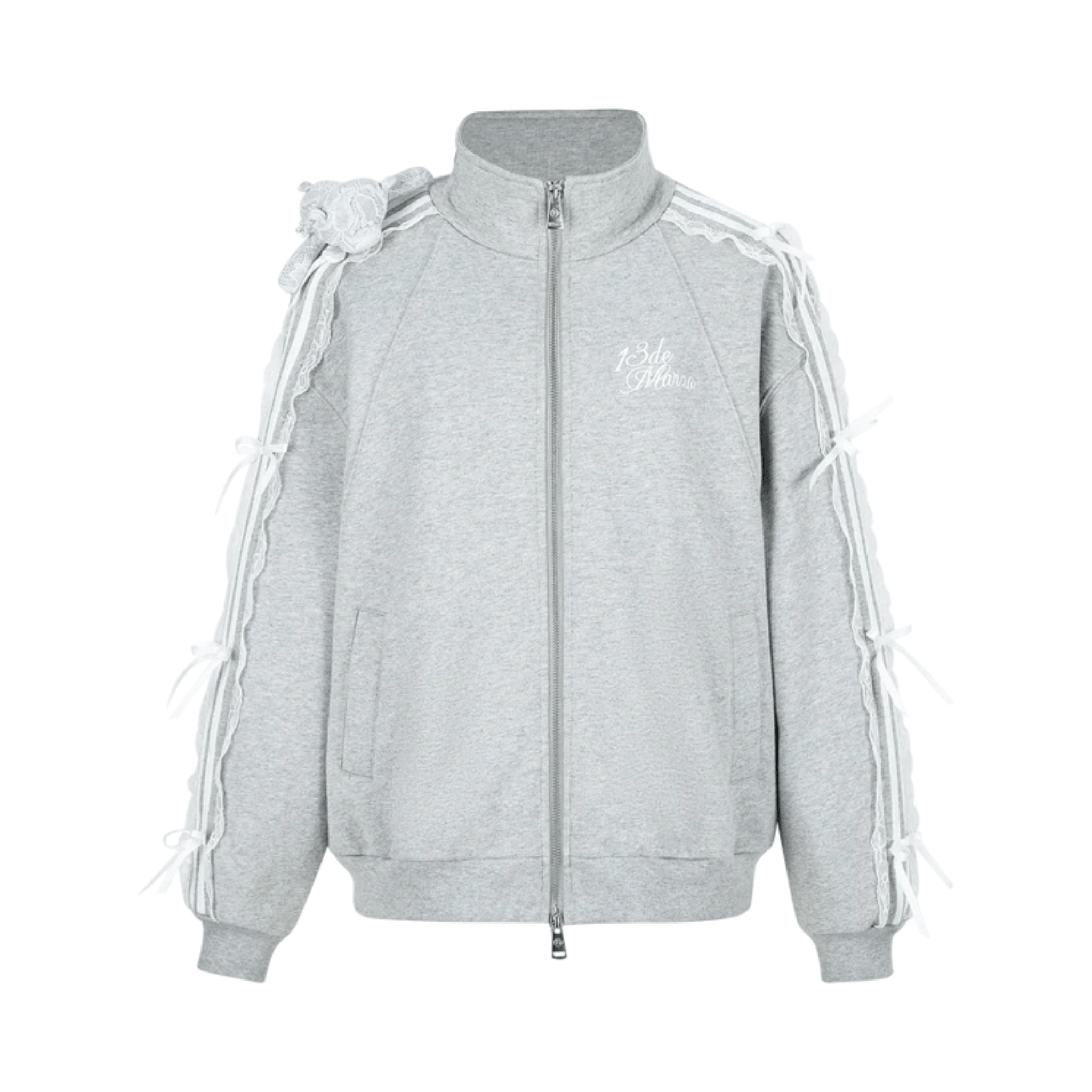 13DE MARZO Lace Patches Zip - Up Sweatshirt in Gray | MADAX