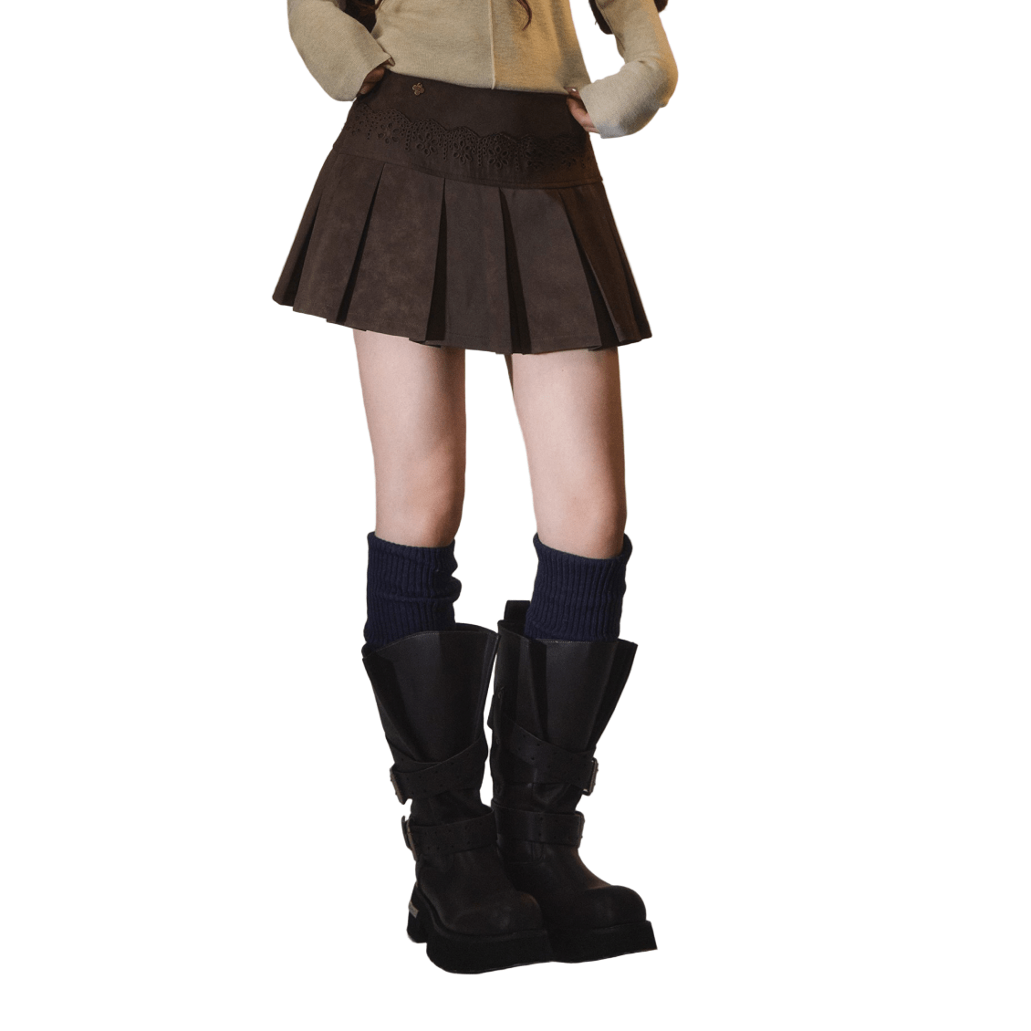 SOMESOWE Lace Patchwork Velvet Pleated Leather Miniskirt In Dark Brown | MADAX