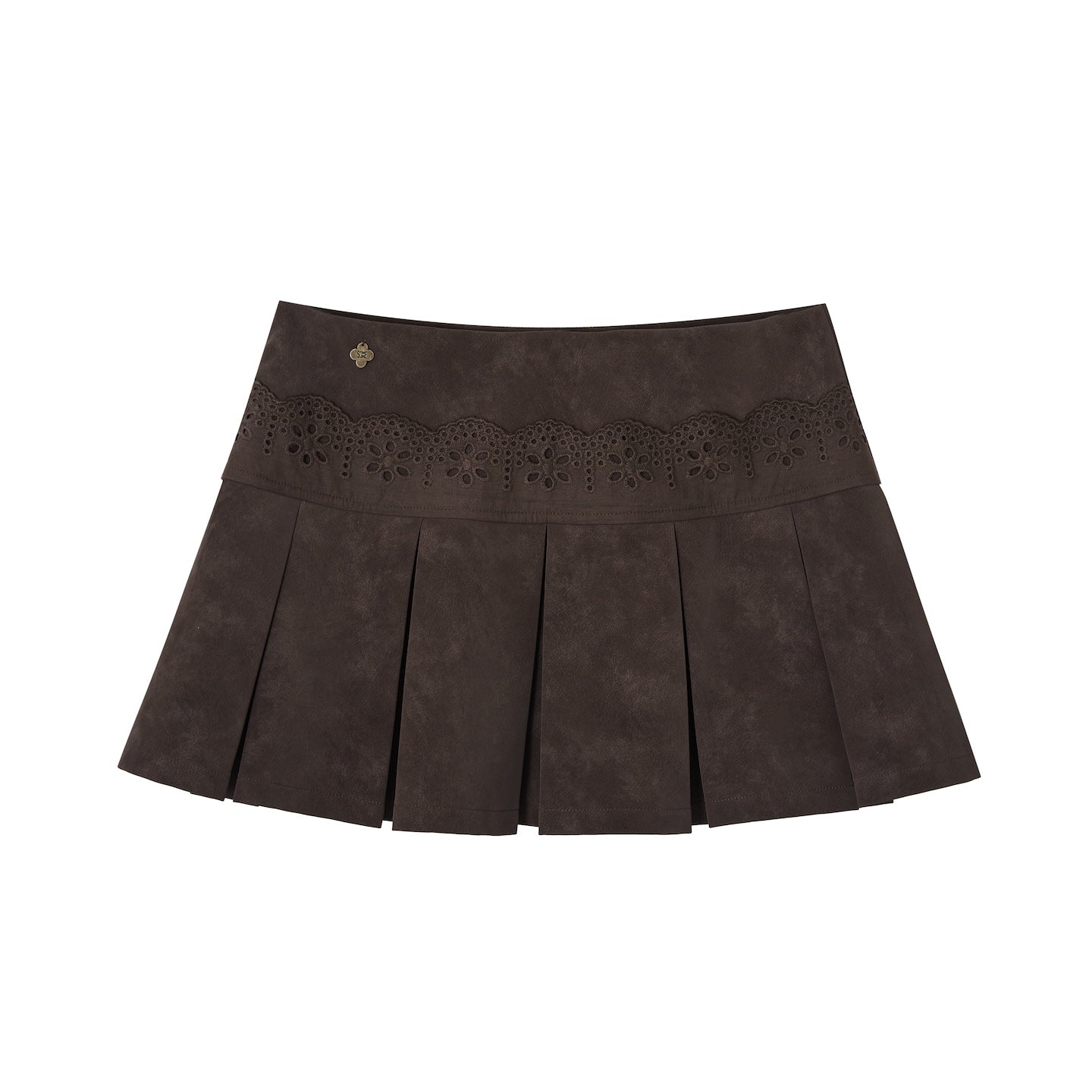 SOMESOWE Lace Patchwork Velvet Pleated Leather Miniskirt In Dark Brown | MADAX