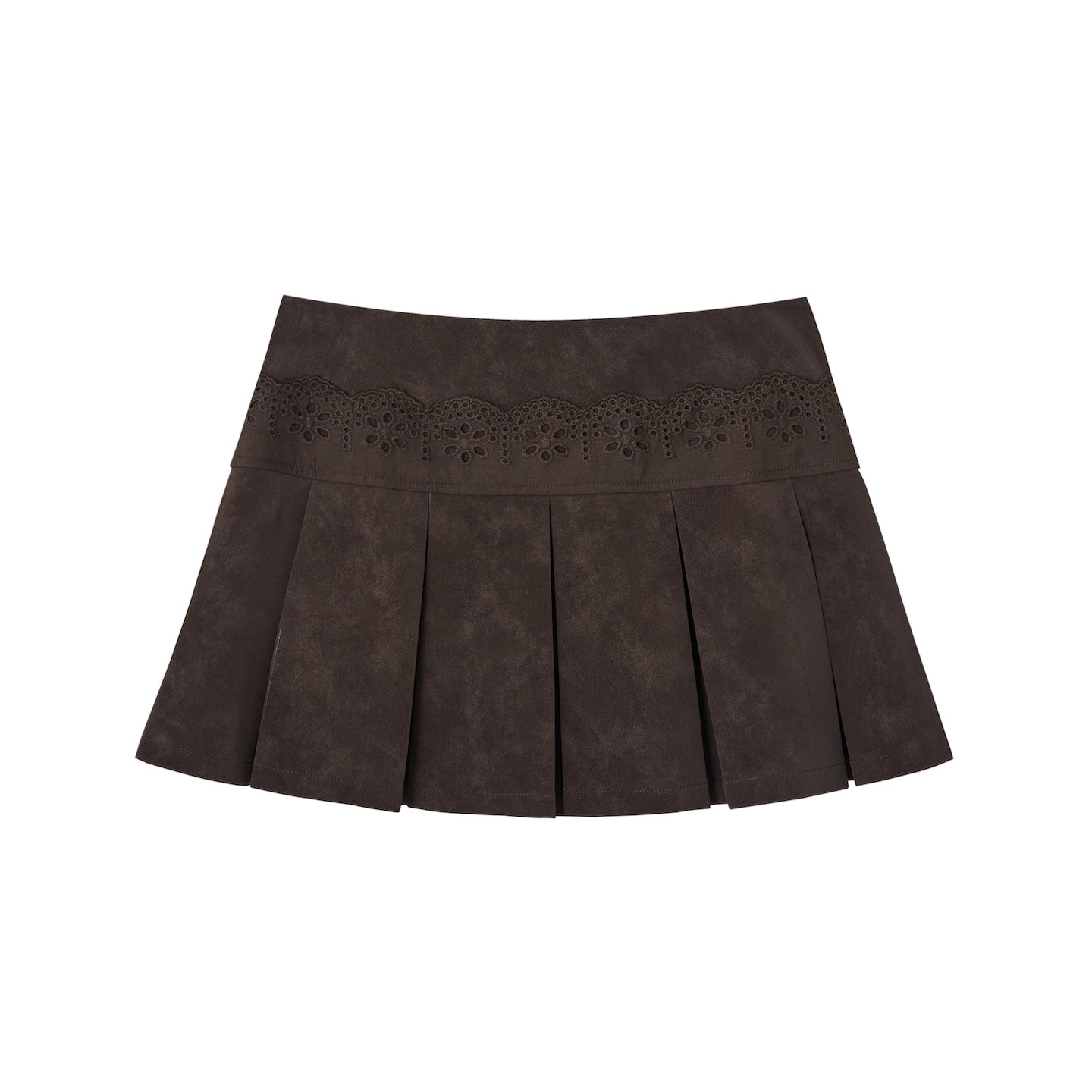 SOMESOWE Lace Patchwork Velvet Pleated Leather Miniskirt In Dark Brown | MADAX