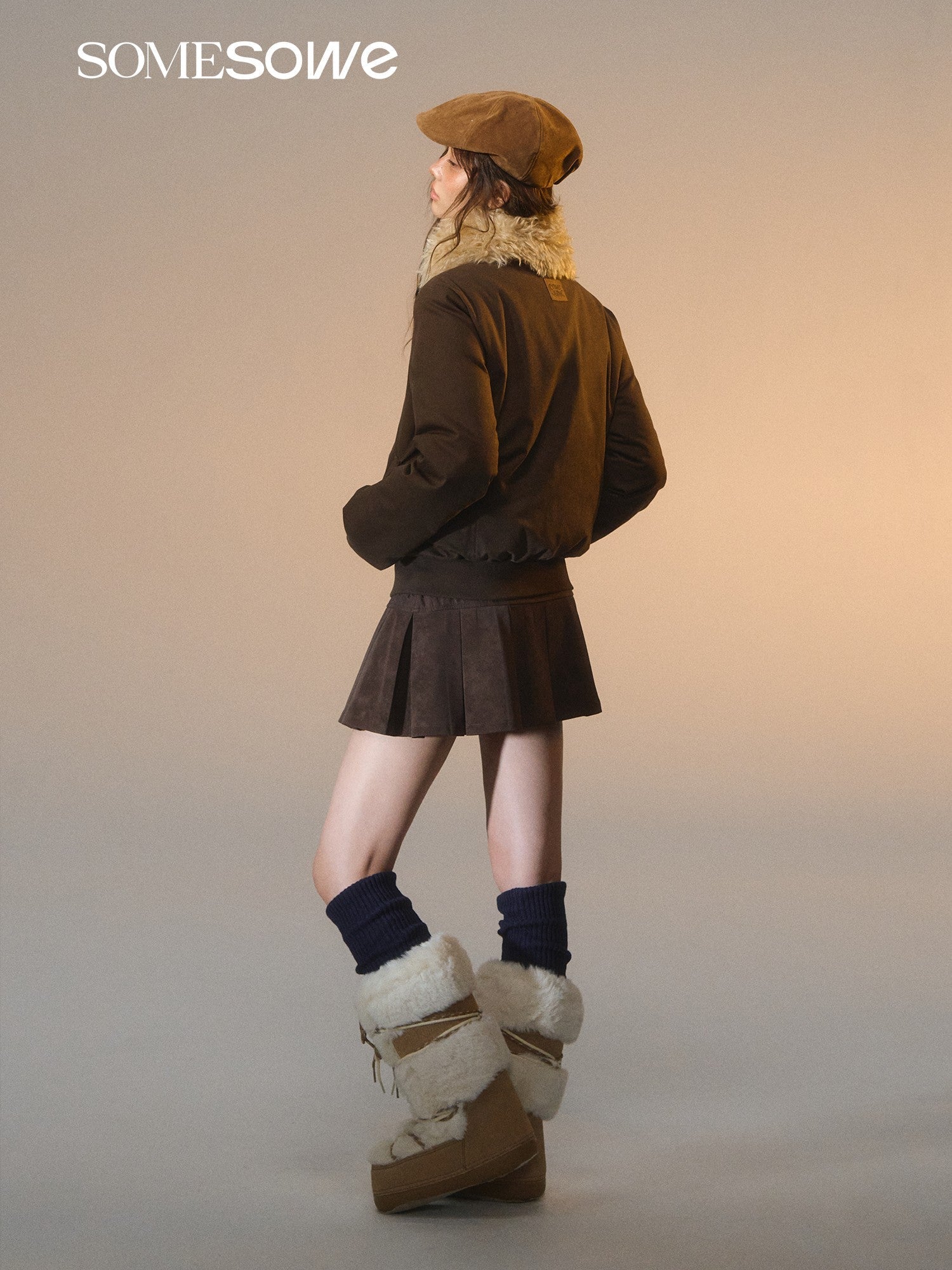 SOMESOWE Lace Patchwork Velvet Pleated Leather Miniskirt In Dark Brown | MADAX