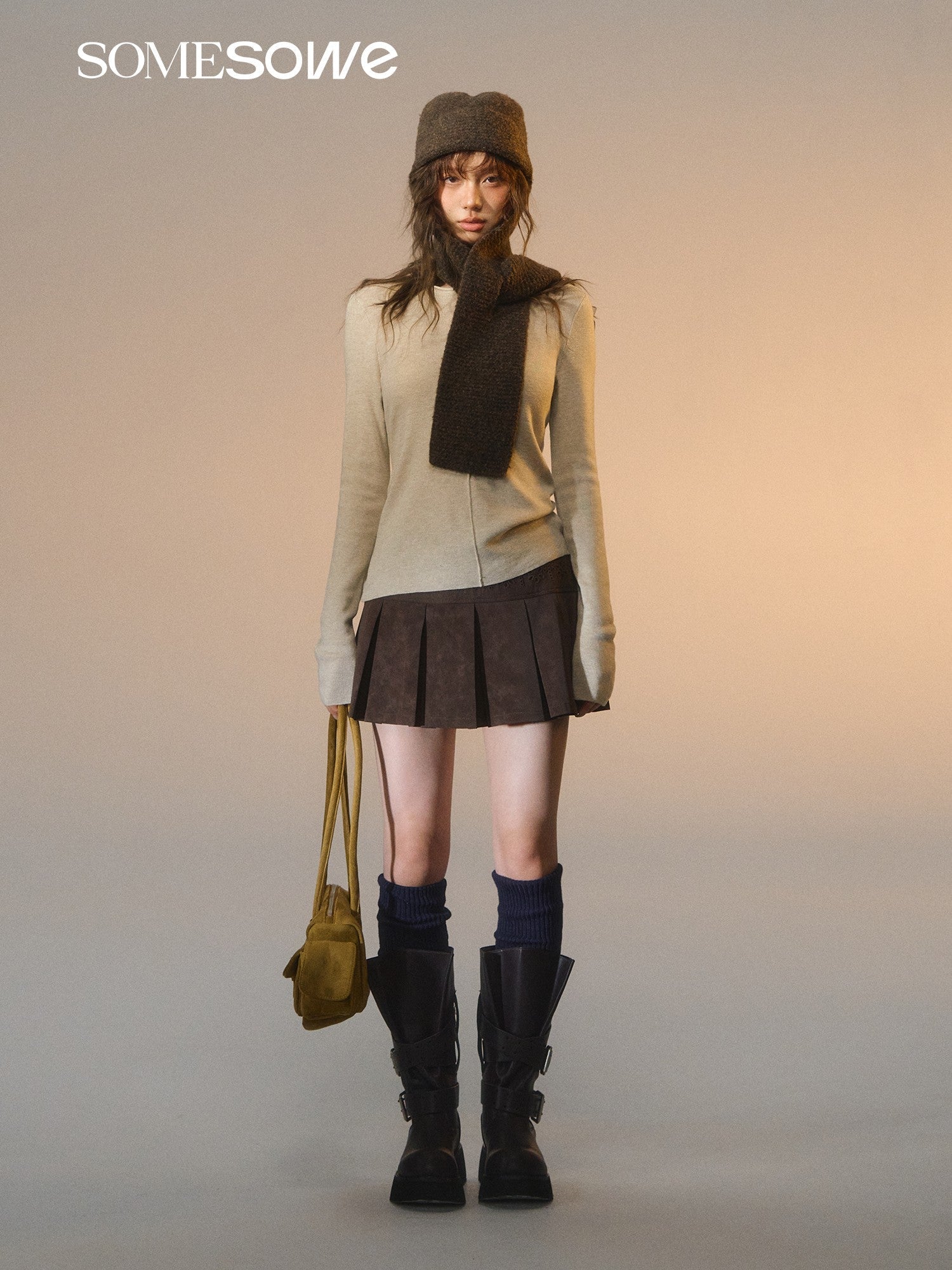 SOMESOWE Lace Patchwork Velvet Pleated Leather Miniskirt In Dark Brown | MADAX