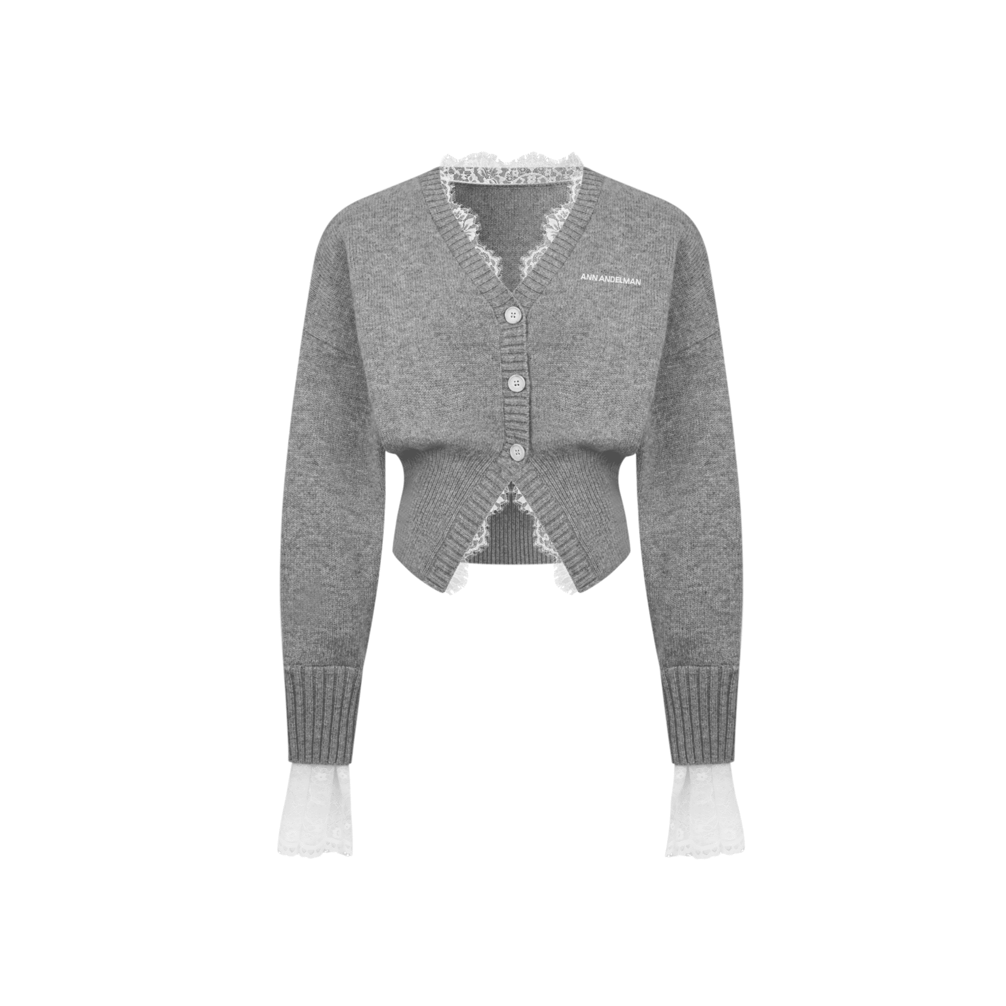 ANN ANDELMAN Lace Patchwork Waist Knitted Cardigan in Gray | MADAX