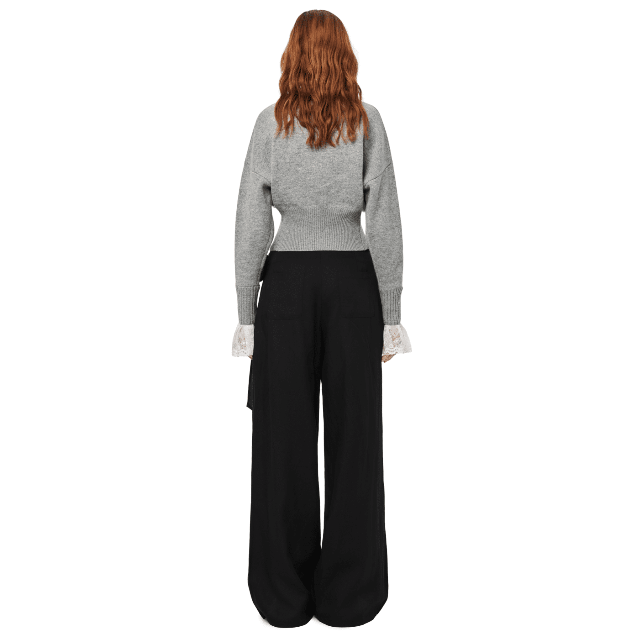 ANN ANDELMAN Lace Patchwork Waist Knitted Cardigan in Gray | MADAX