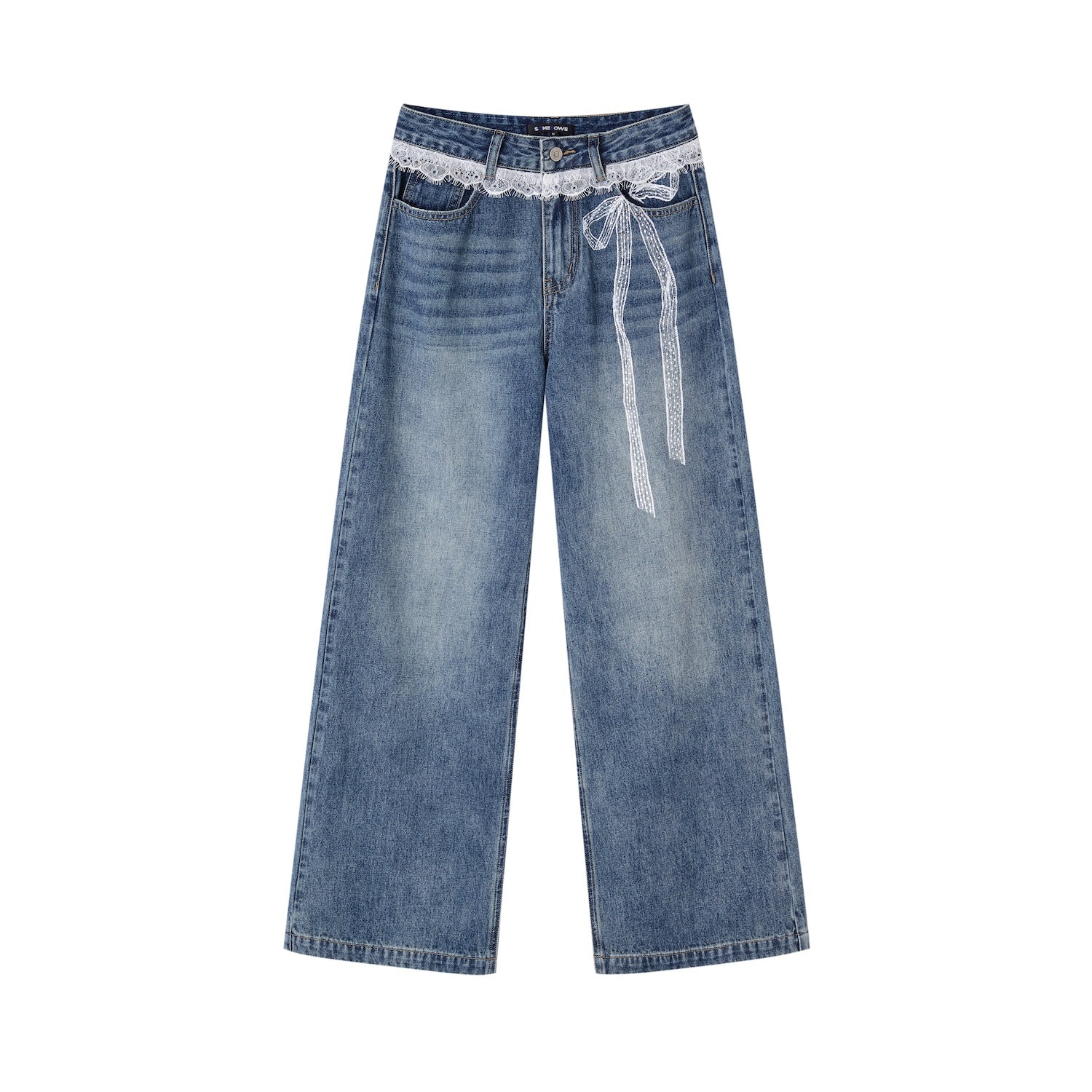 SOMESOWE Lace Print Wide - Leg Denim Pants In Blue | MADAX