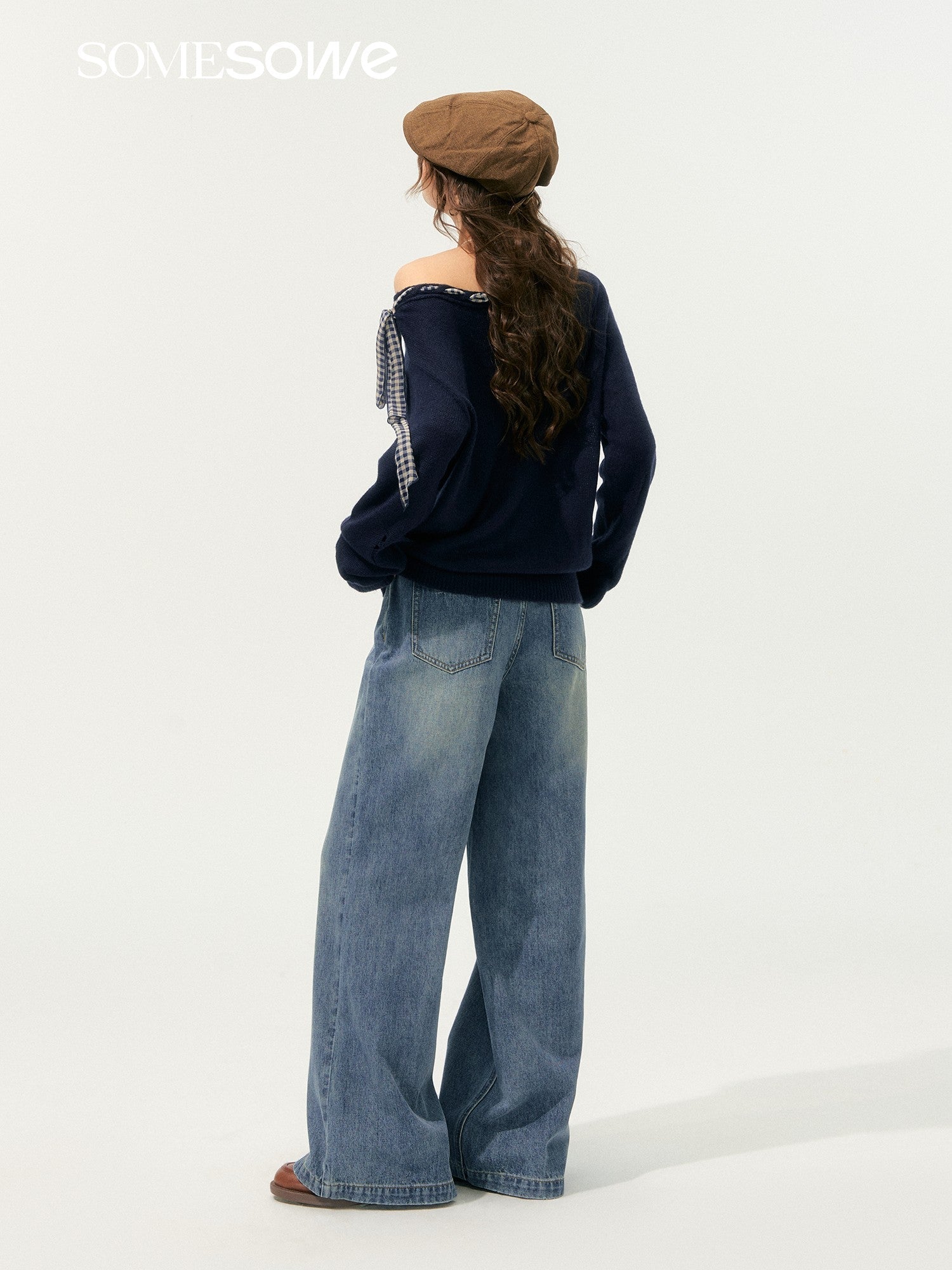 SOMESOWE Lace Print Wide - Leg Denim Pants In Blue | MADAX