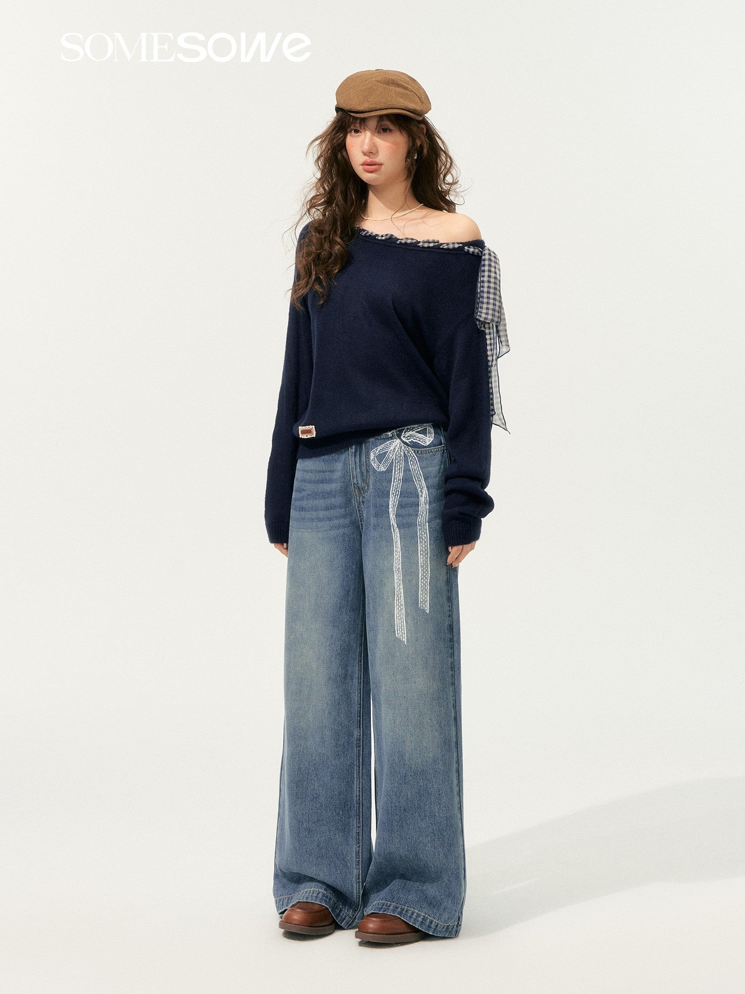 SOMESOWE Lace Print Wide - Leg Denim Pants In Blue | MADAX