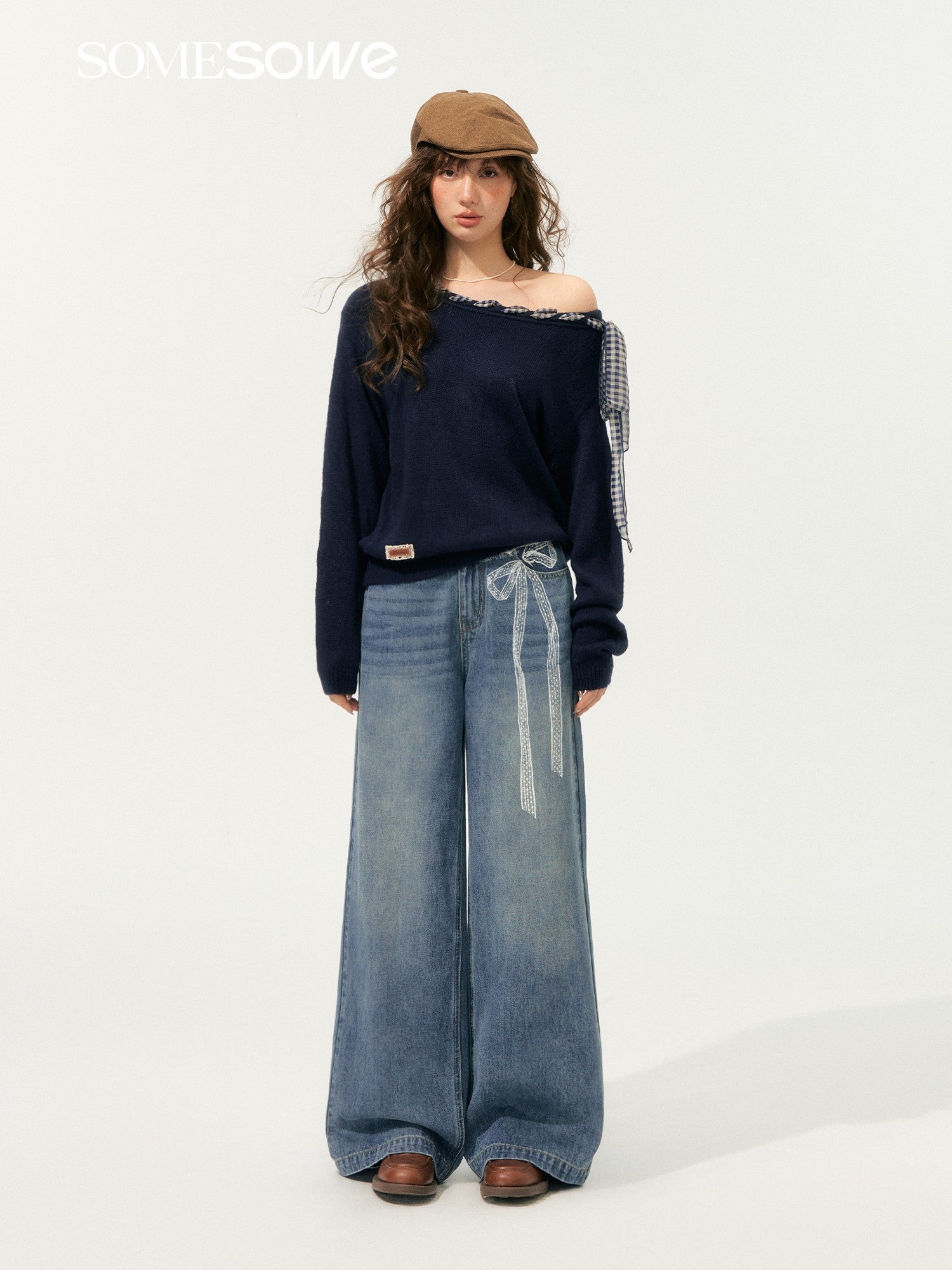 SOMESOWE Lace Print Wide - Leg Denim Pants In Blue | MADAX