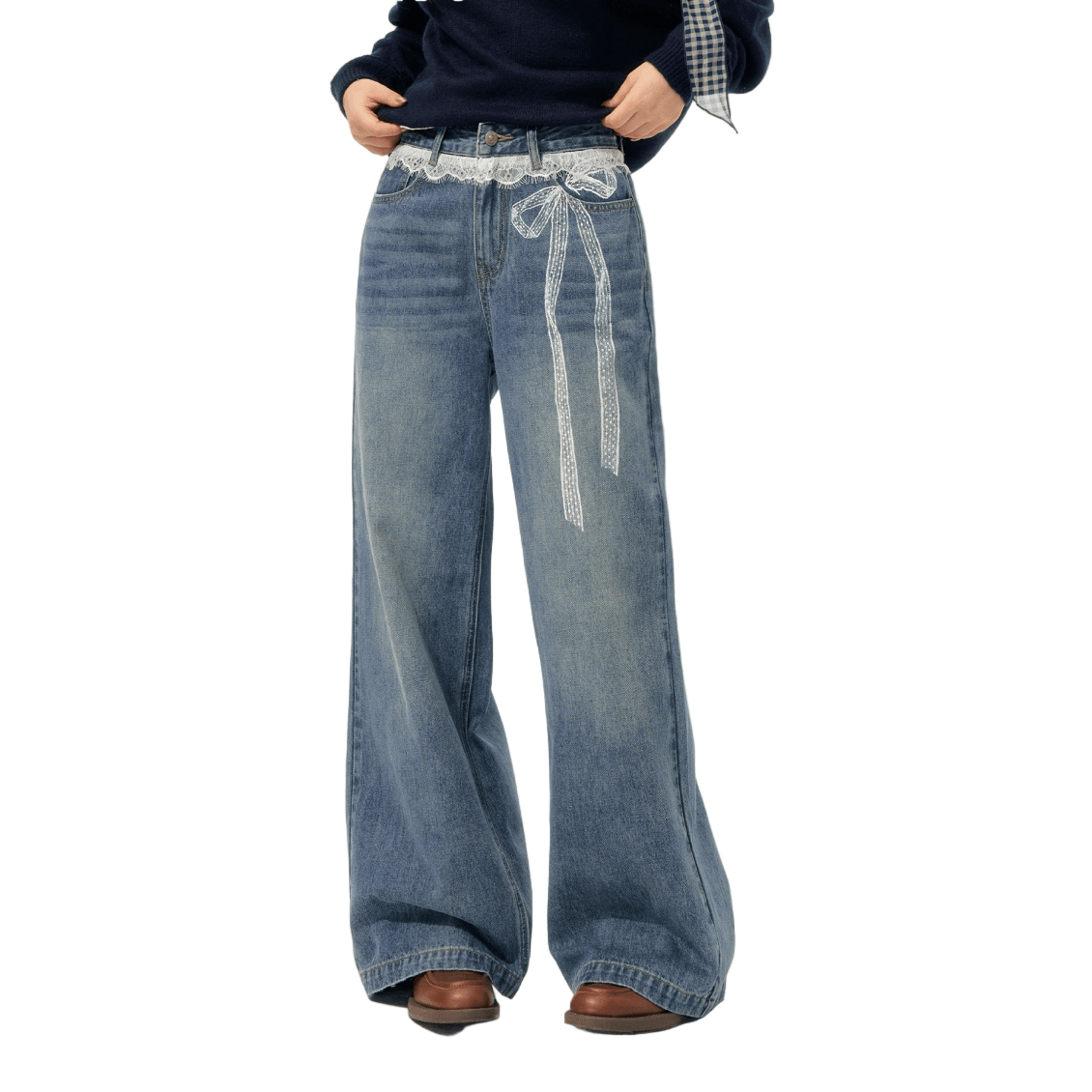 SOMESOWE Lace Print Wide - Leg Denim Pants In Blue | MADAX