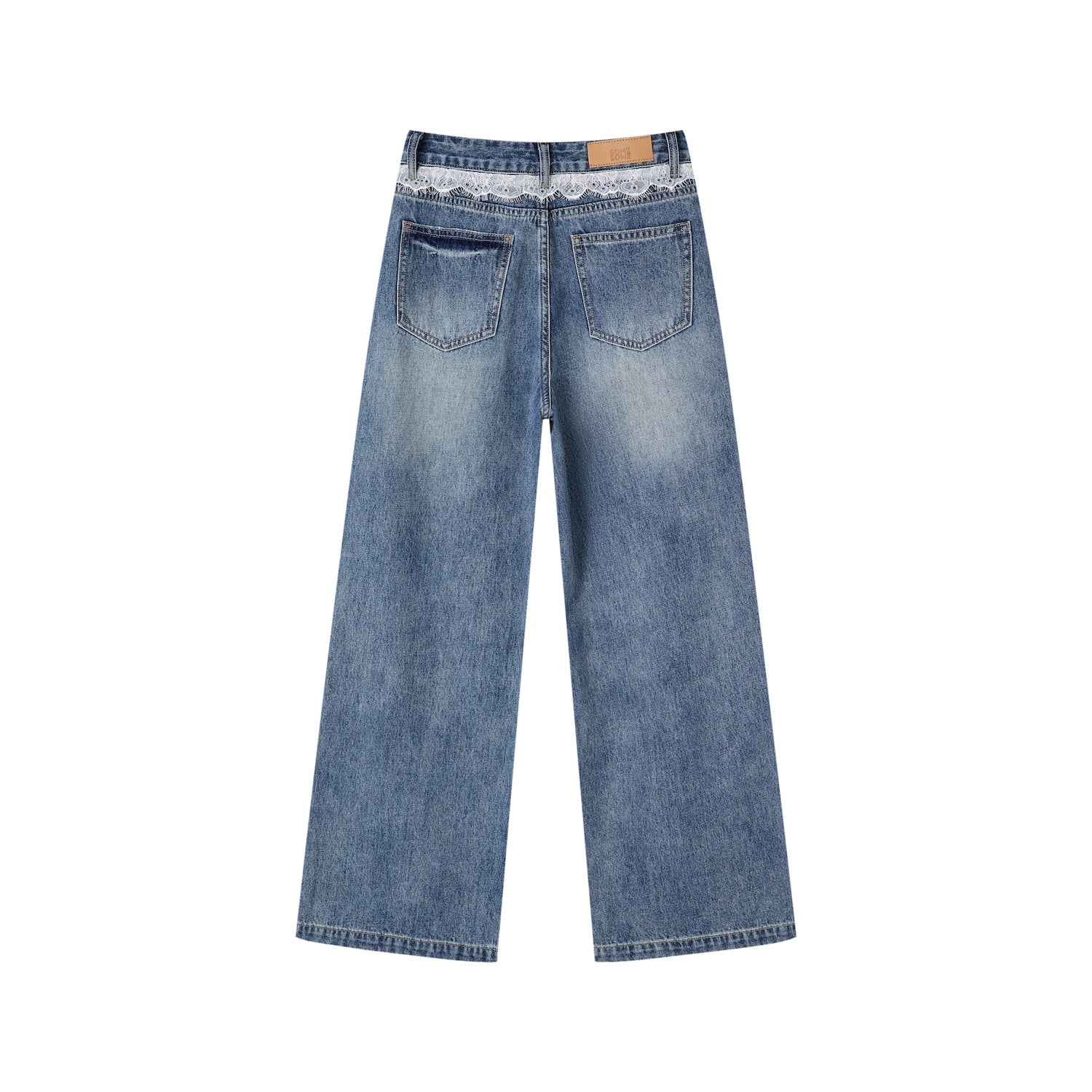 SOMESOWE Lace Print Wide - Leg Denim Pants In Blue | MADAX