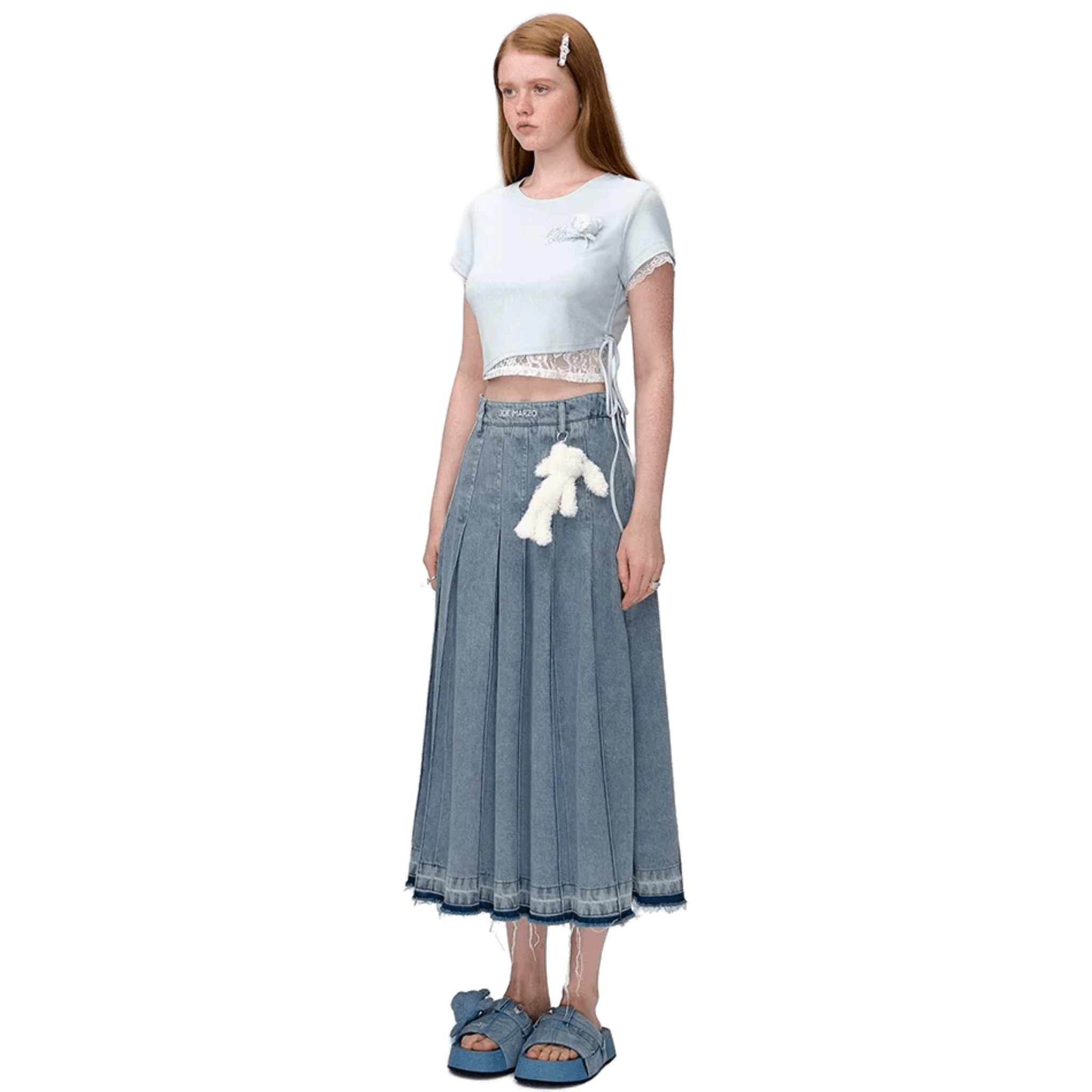 13DE MARZO Lace Slim Basic Short T-shirt in Blue | MADAX