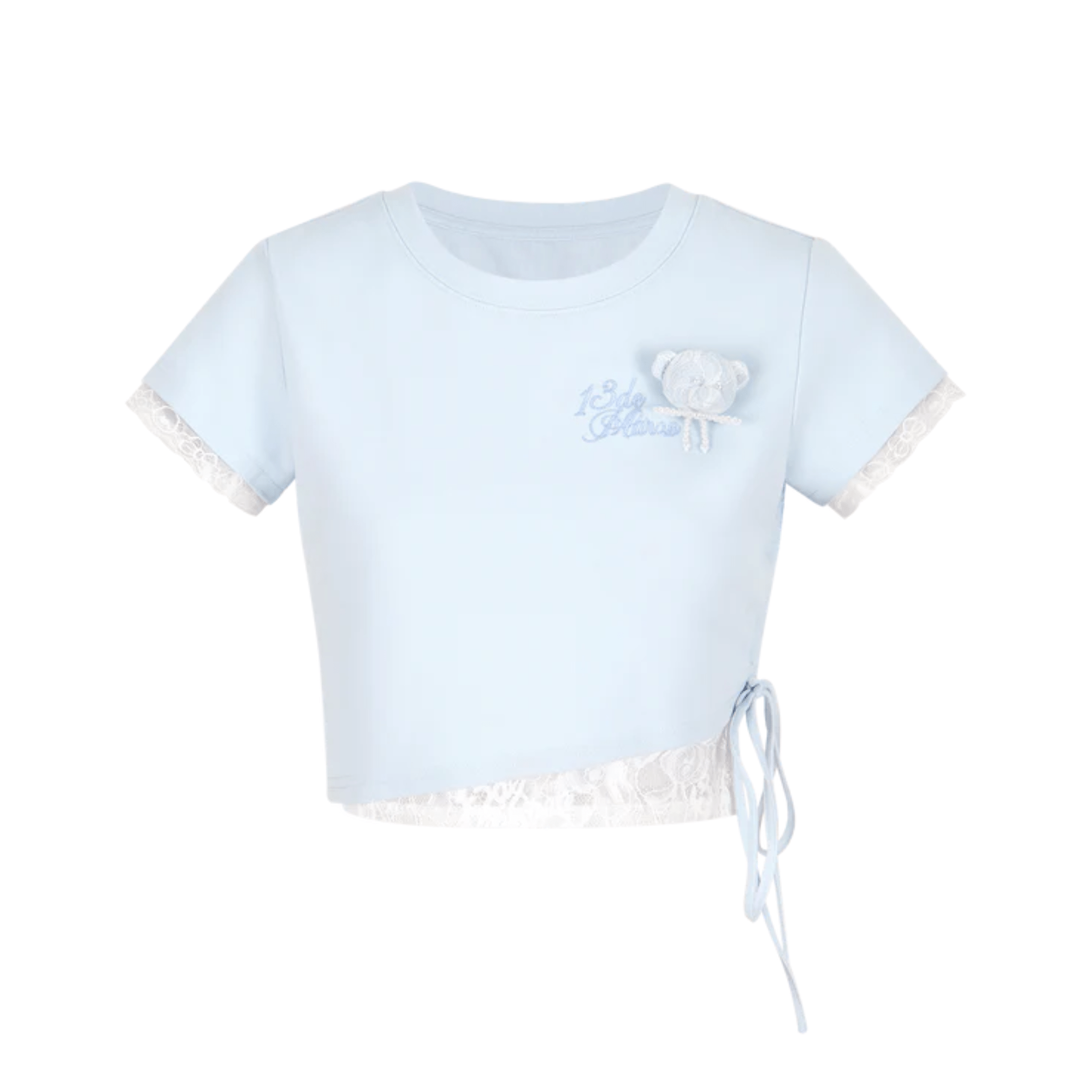 13DE MARZO Lace Slim Basic Short T-shirt in Blue | MADAX