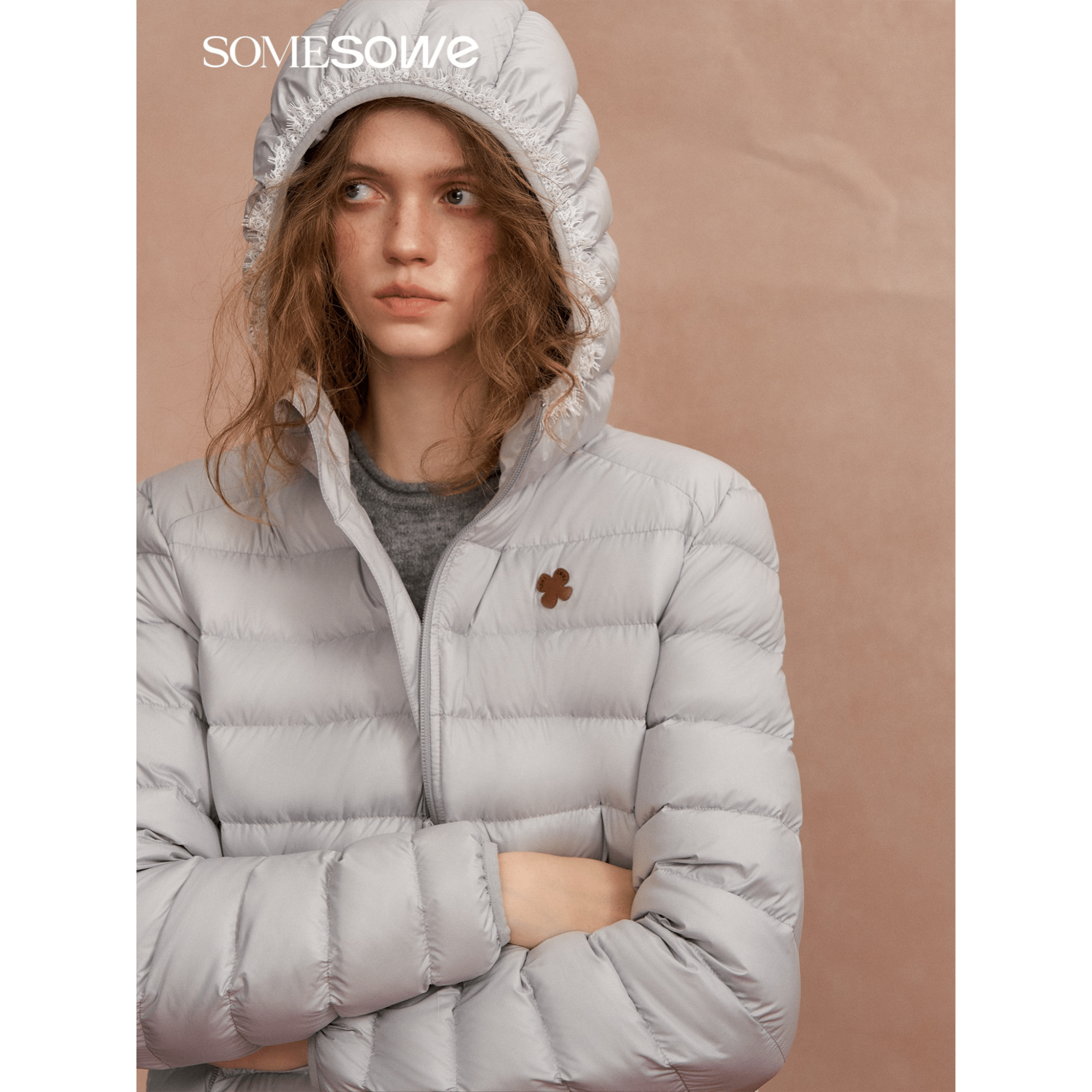SOMESOWE Lace - trimmed Hooded Down Jacket in Gray | MADAX