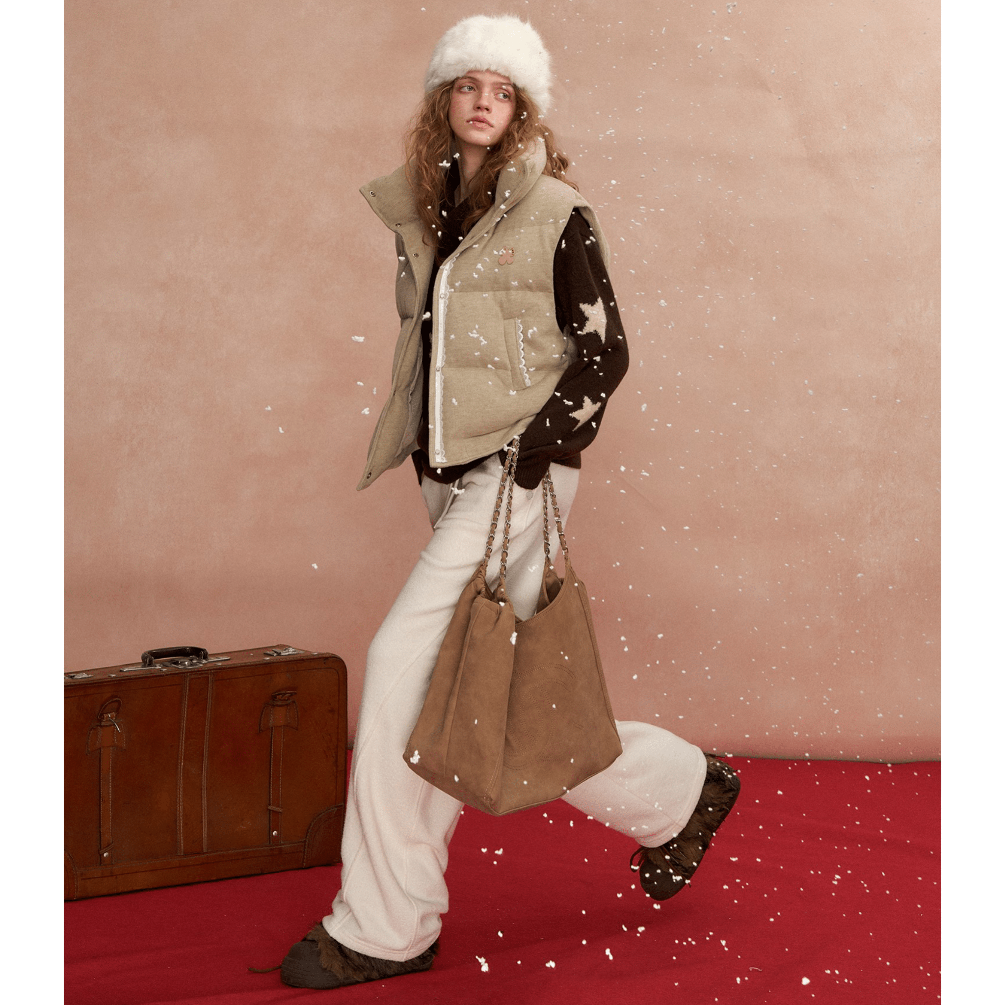 SOMESOWE Lace - trimmed Stand - up Collar Bread Vest in Light Brown | MADAX