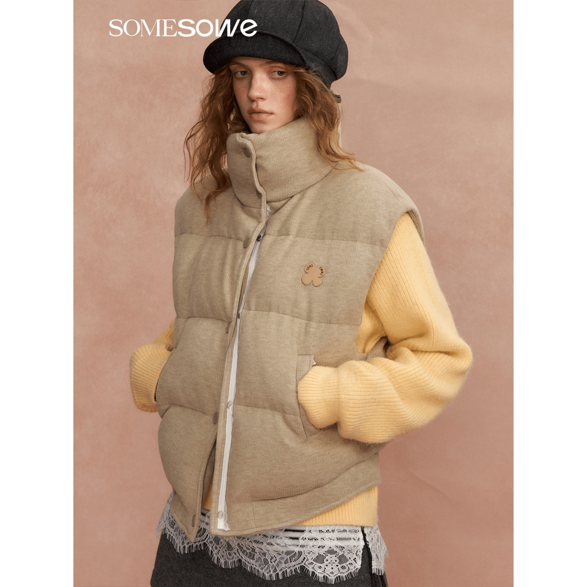 SOMESOWE Lace - trimmed Stand - up Collar Bread Vest in Light Brown | MADAX