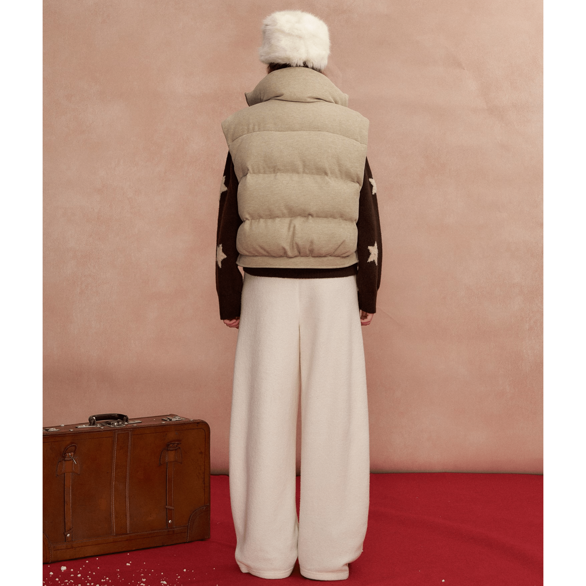 SOMESOWE Lace - trimmed Stand - up Collar Bread Vest in Light Brown | MADAX