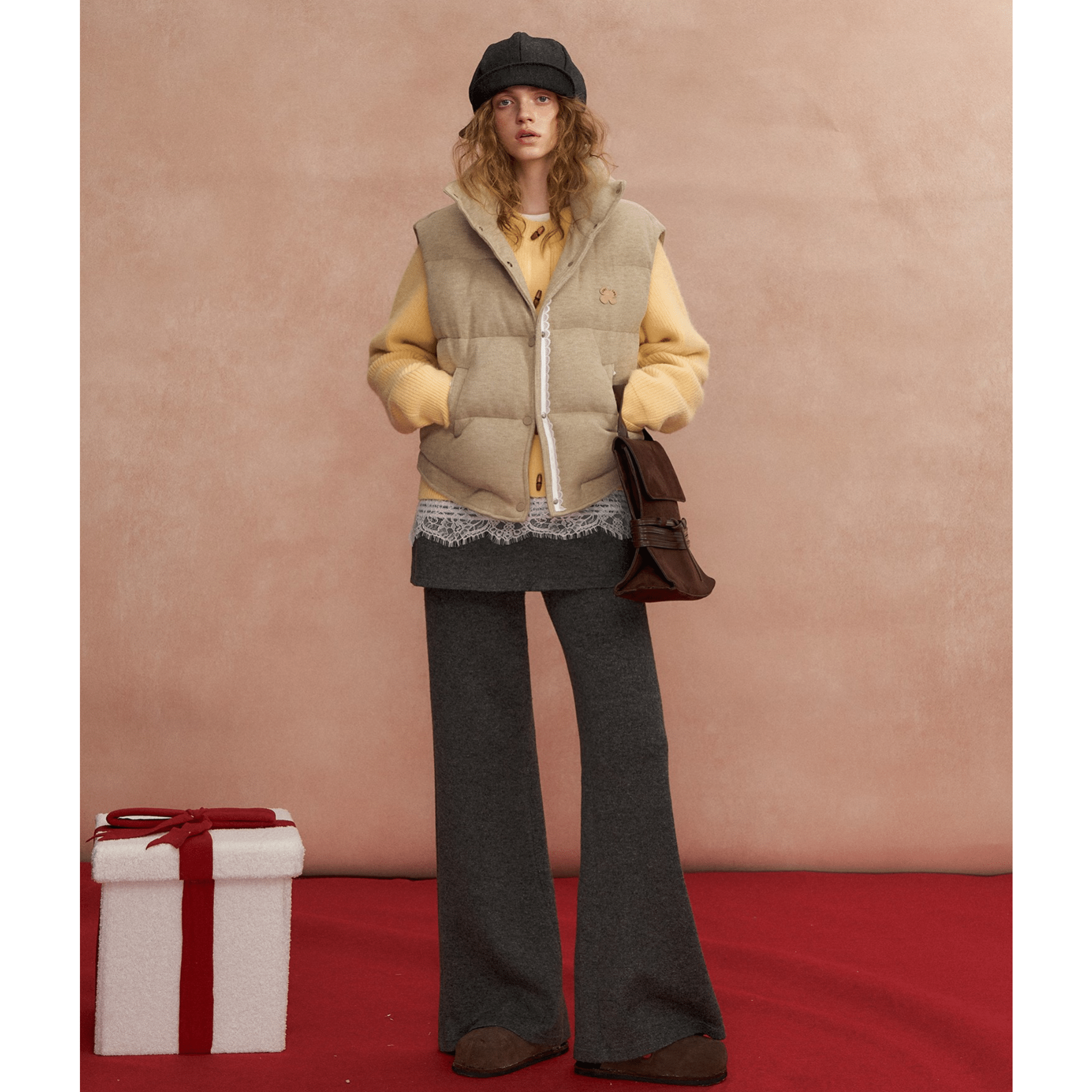 SOMESOWE Lace - trimmed Stand - up Collar Bread Vest in Light Brown | MADAX