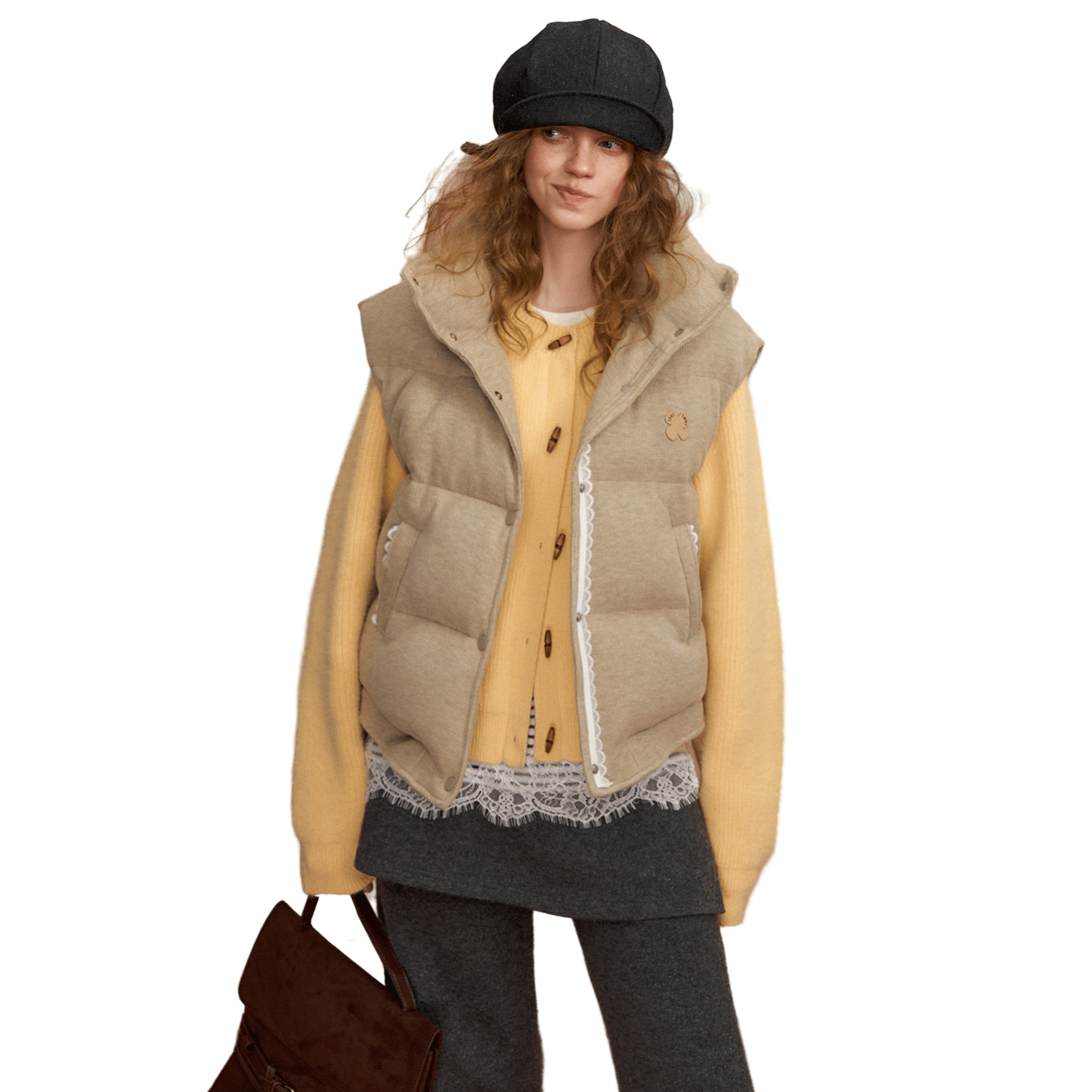 SOMESOWE Lace - trimmed Stand - up Collar Bread Vest in Light Brown | MADAX