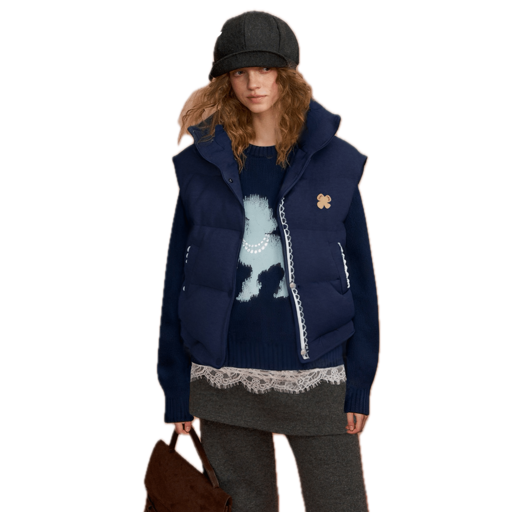 SOMESOWE Lace - trimmed Stand - up Collar Bread Vest in Navy Blue | MADAX