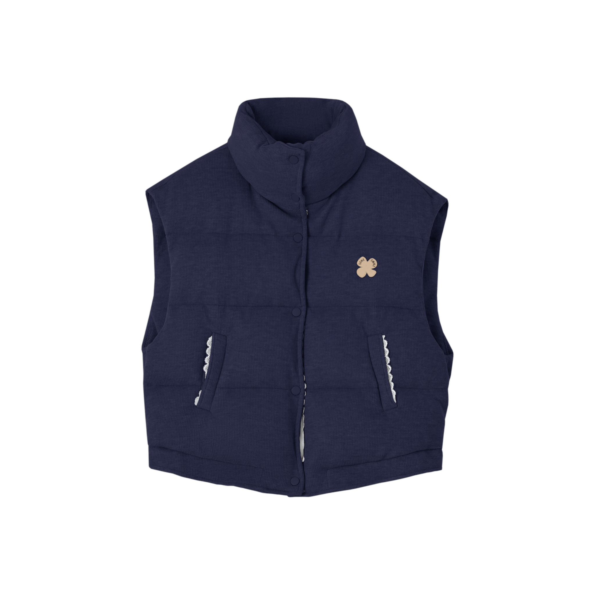 SOMESOWE Lace - trimmed Stand - up Collar Bread Vest in Navy Blue | MADAX