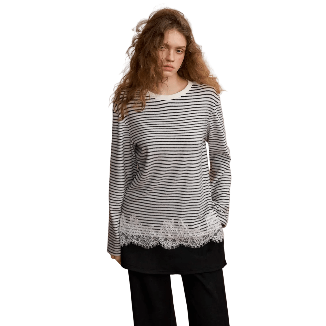 SOMESOWE Lace - trimmed Striped Long - Sleeve T-Shirt In Black and White | MADAX